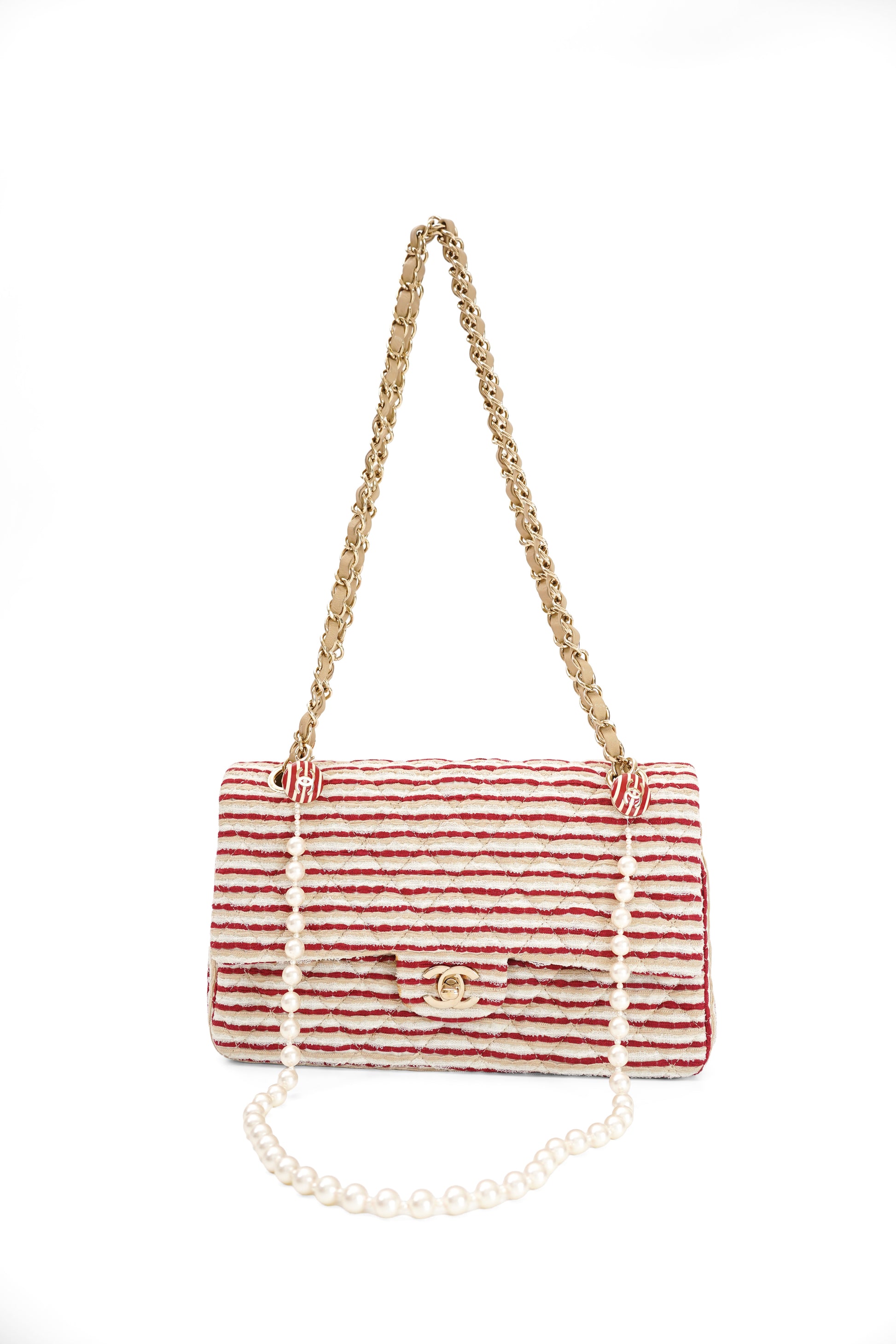 2014 Chanel Red/White Canvas Striped Coco Sailor Pearl Medium Classic Double Flap Bag