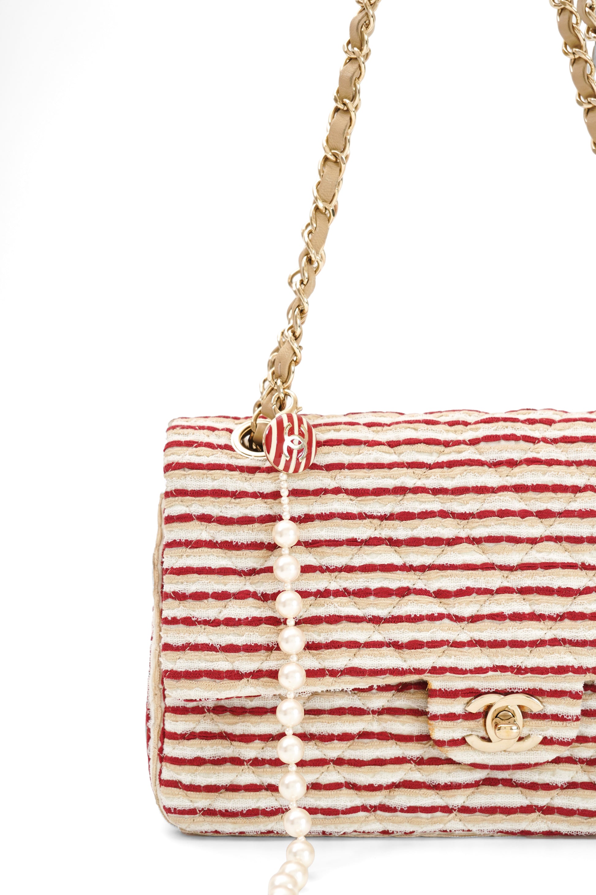 2014 Chanel Red/White Canvas Striped Coco Sailor Pearl Medium Classic Double Flap Bag