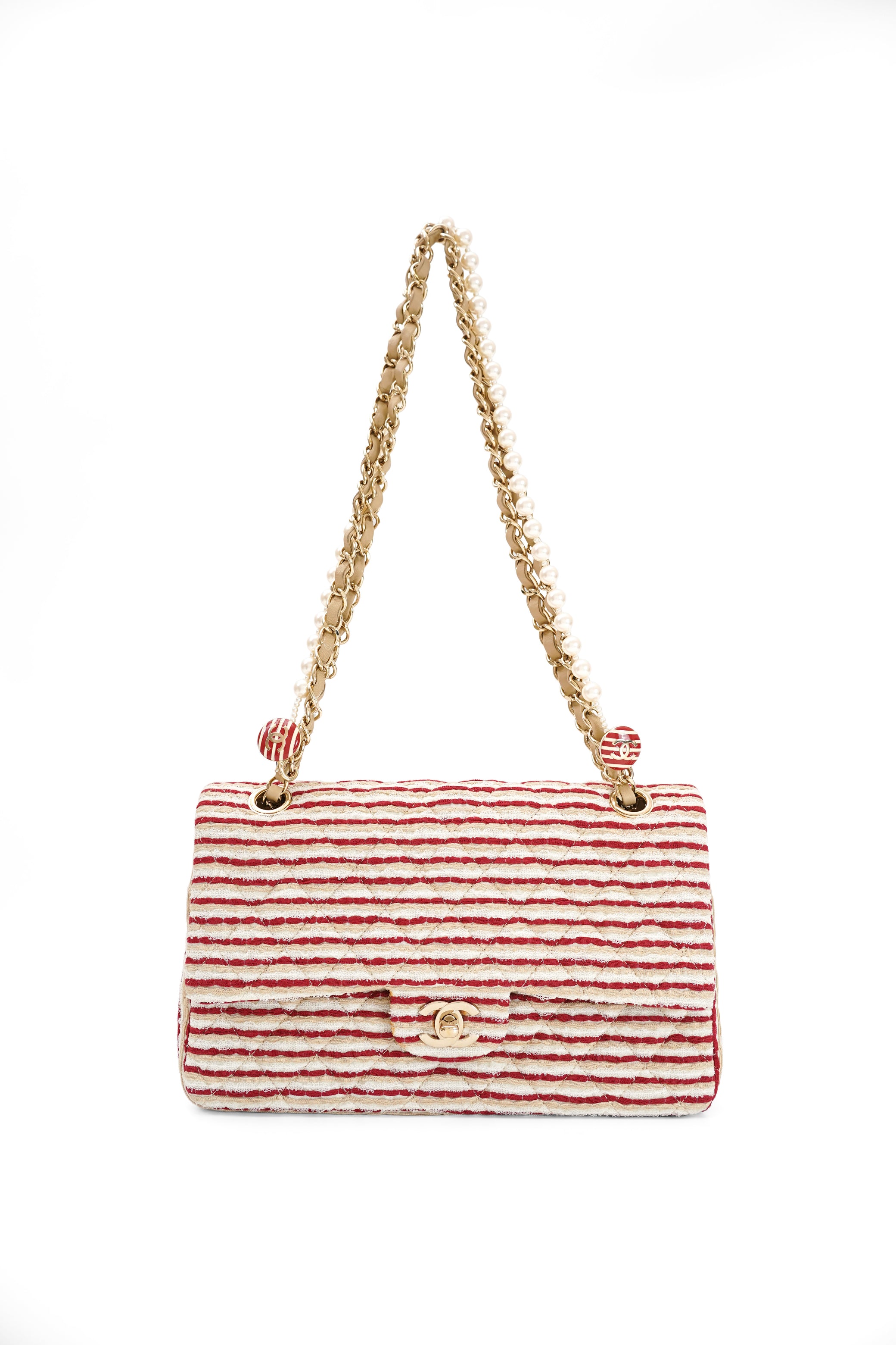 2014 Chanel Red/White Canvas Striped Coco Sailor Pearl Medium Classic Double Flap Bag