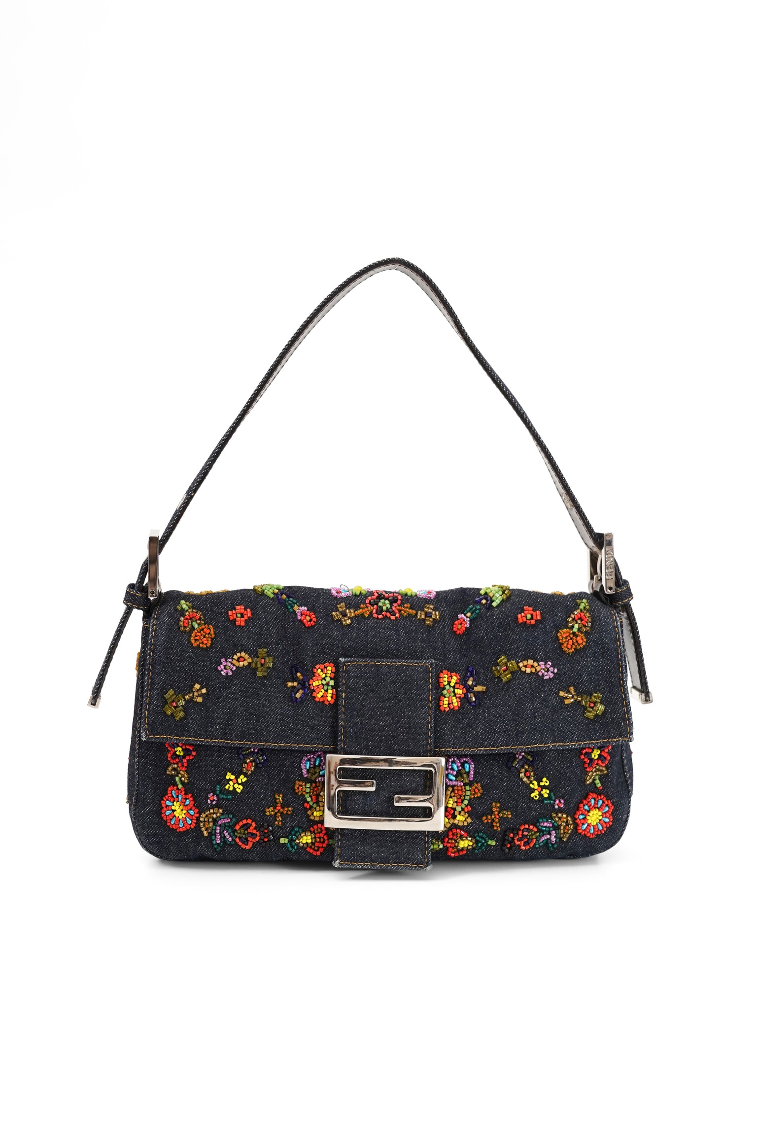 Fendi Floral Beaded Denim Baguette