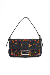 Fendi Floral Beaded Denim Baguette