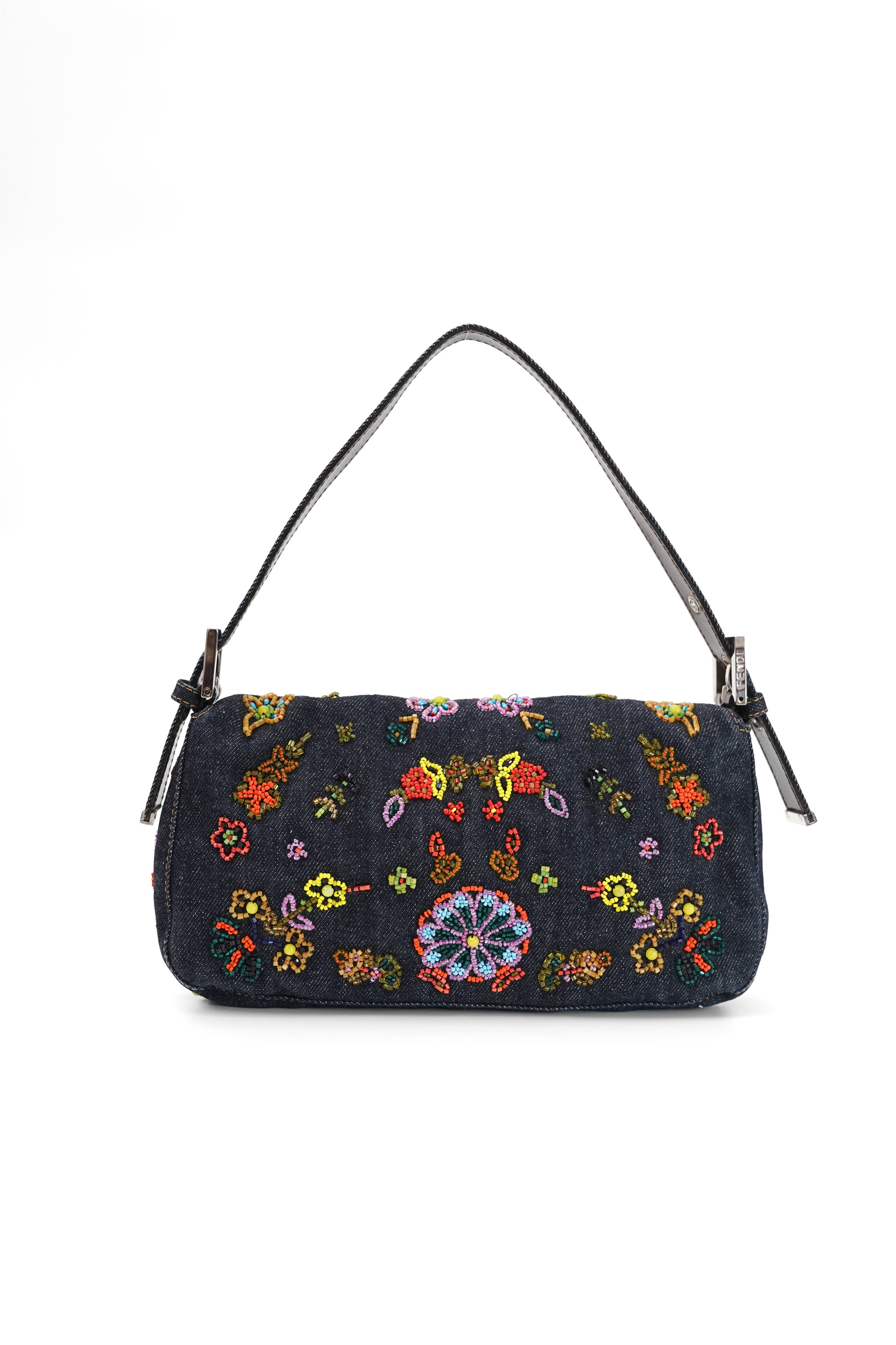 Fendi Floral Beaded Denim Baguette