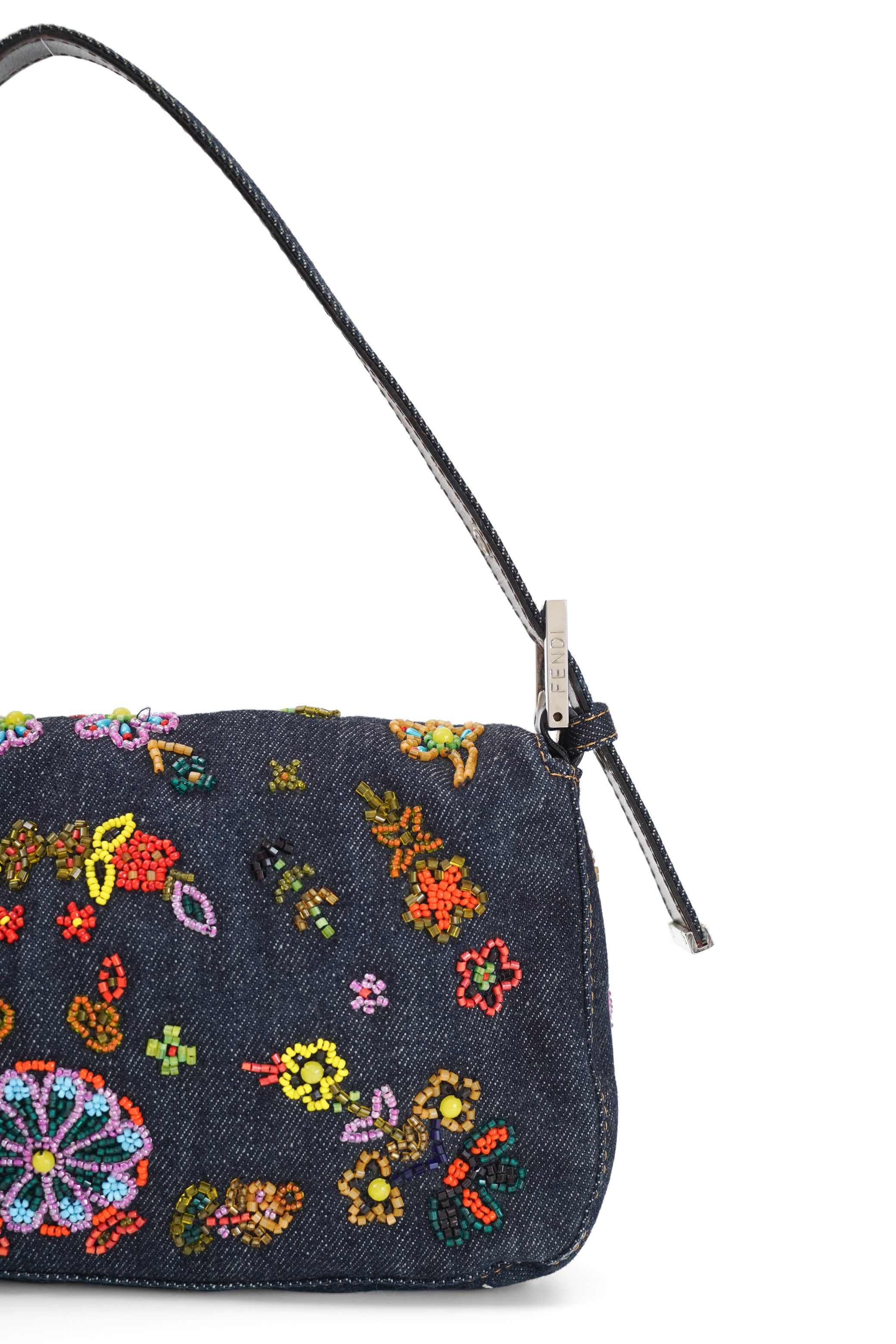 Fendi Floral Beaded Denim Baguette