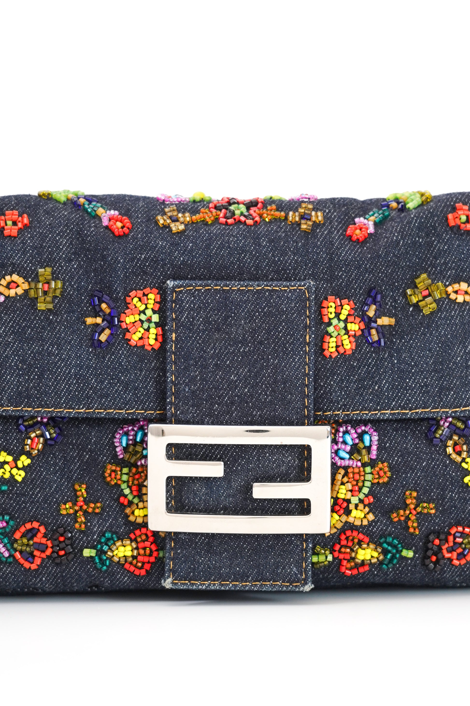 Fendi Floral Beaded Denim Baguette