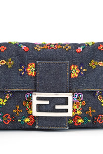 Fendi Floral Beaded Denim Baguette