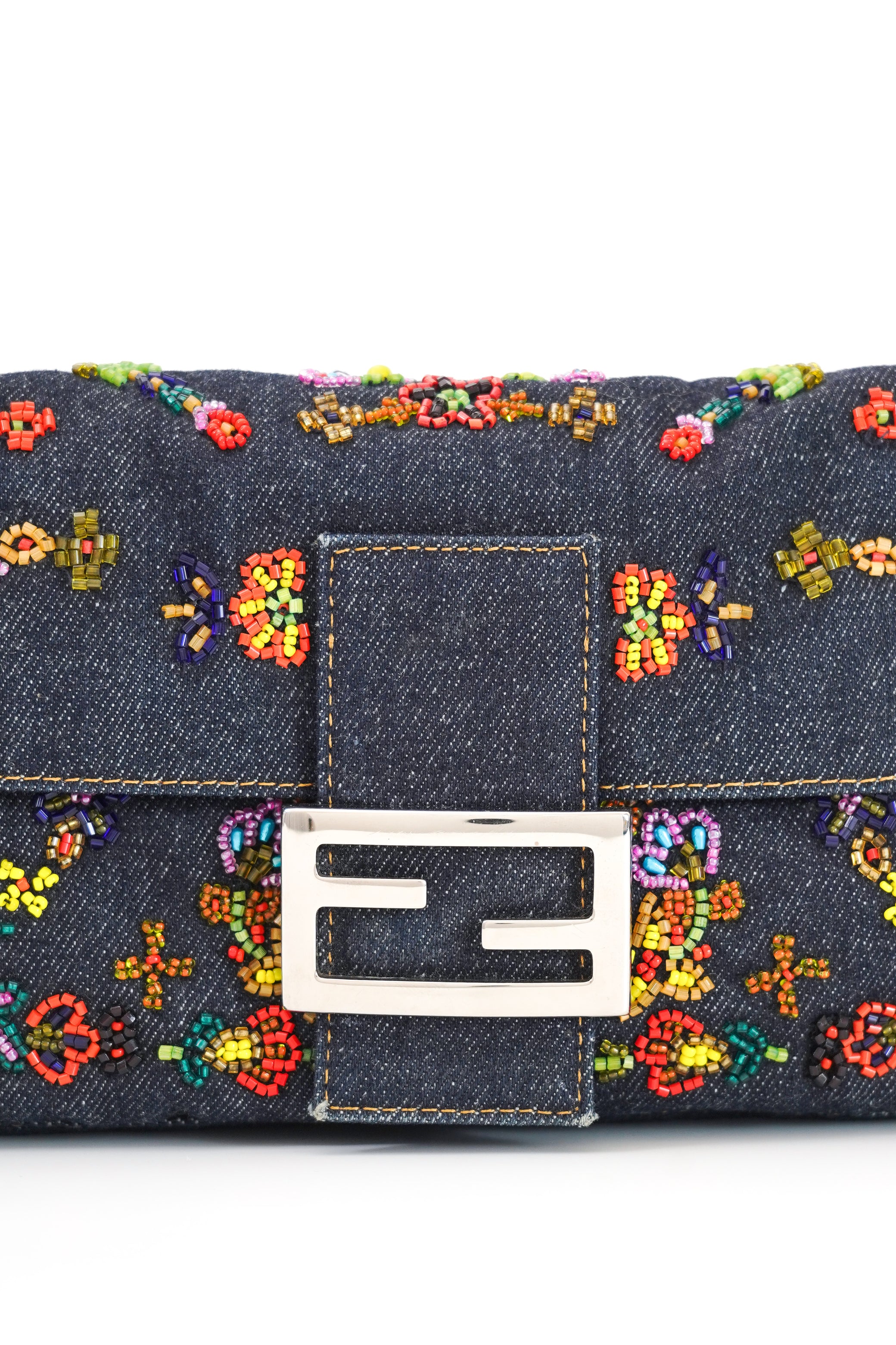 Fendi Floral Beaded Denim Baguette