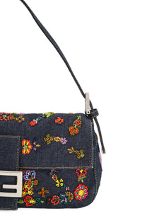 Fendi Floral Beaded Denim Baguette