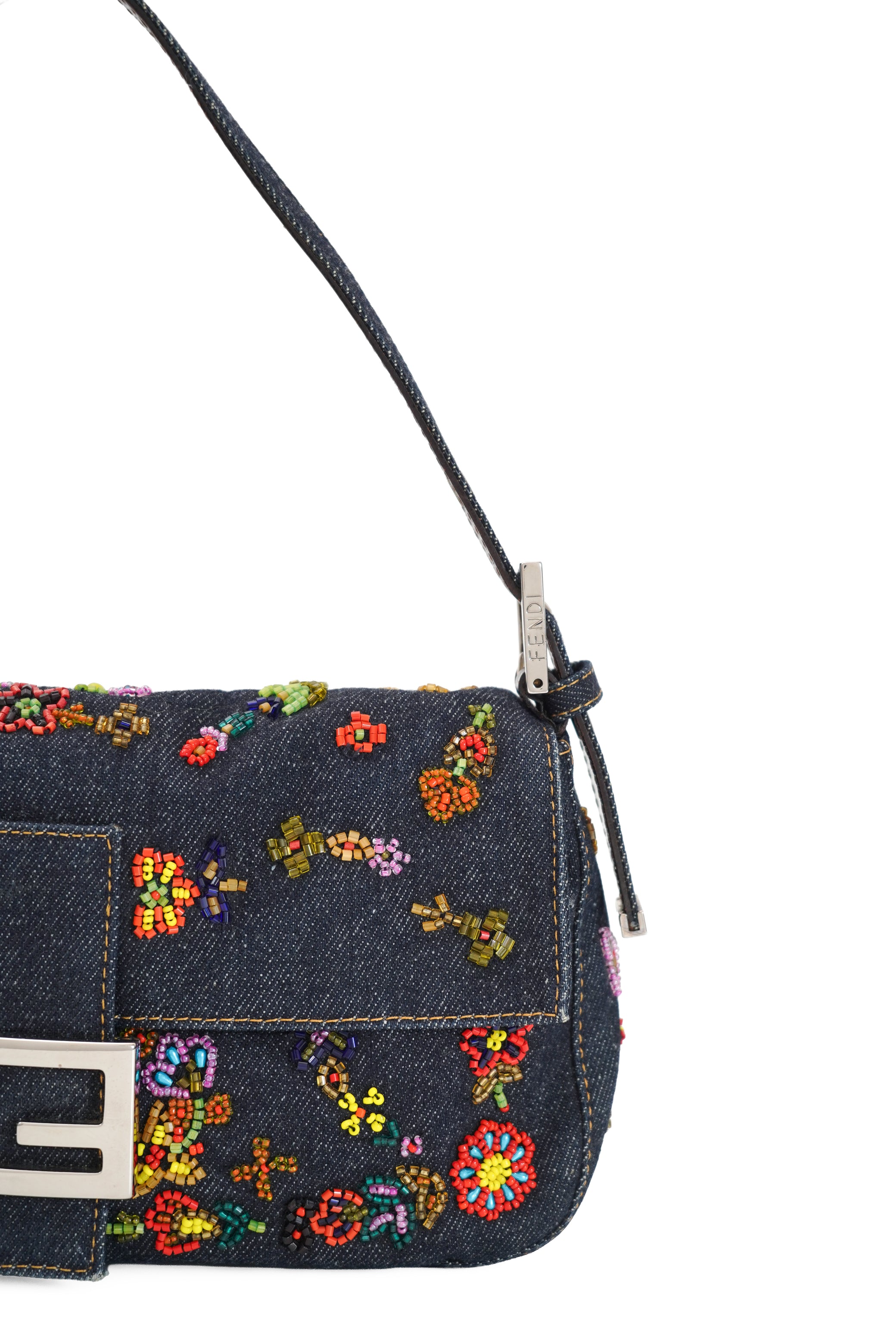 Fendi Floral Beaded Denim Baguette