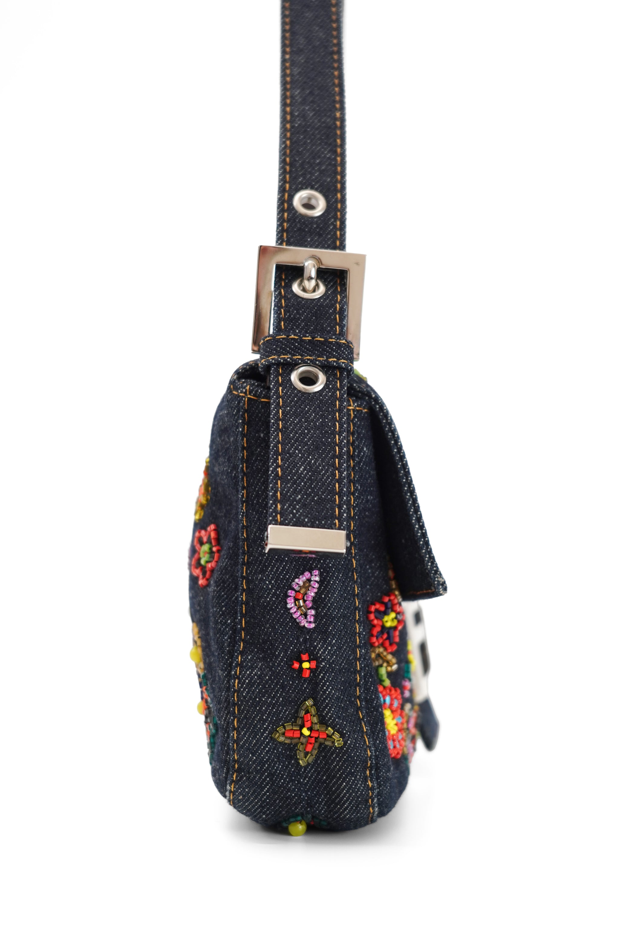 Fendi Floral Beaded Denim Baguette