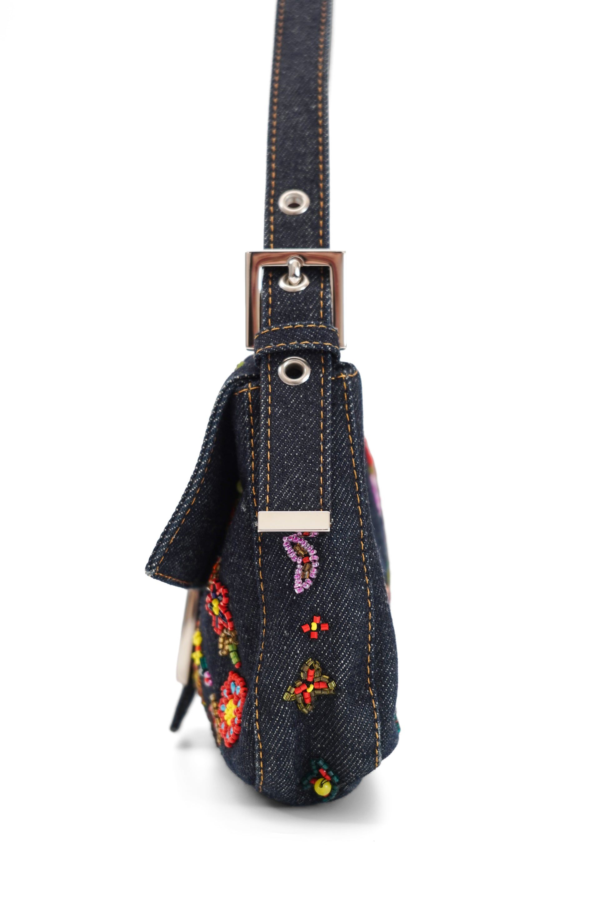 Fendi Floral Beaded Denim Baguette