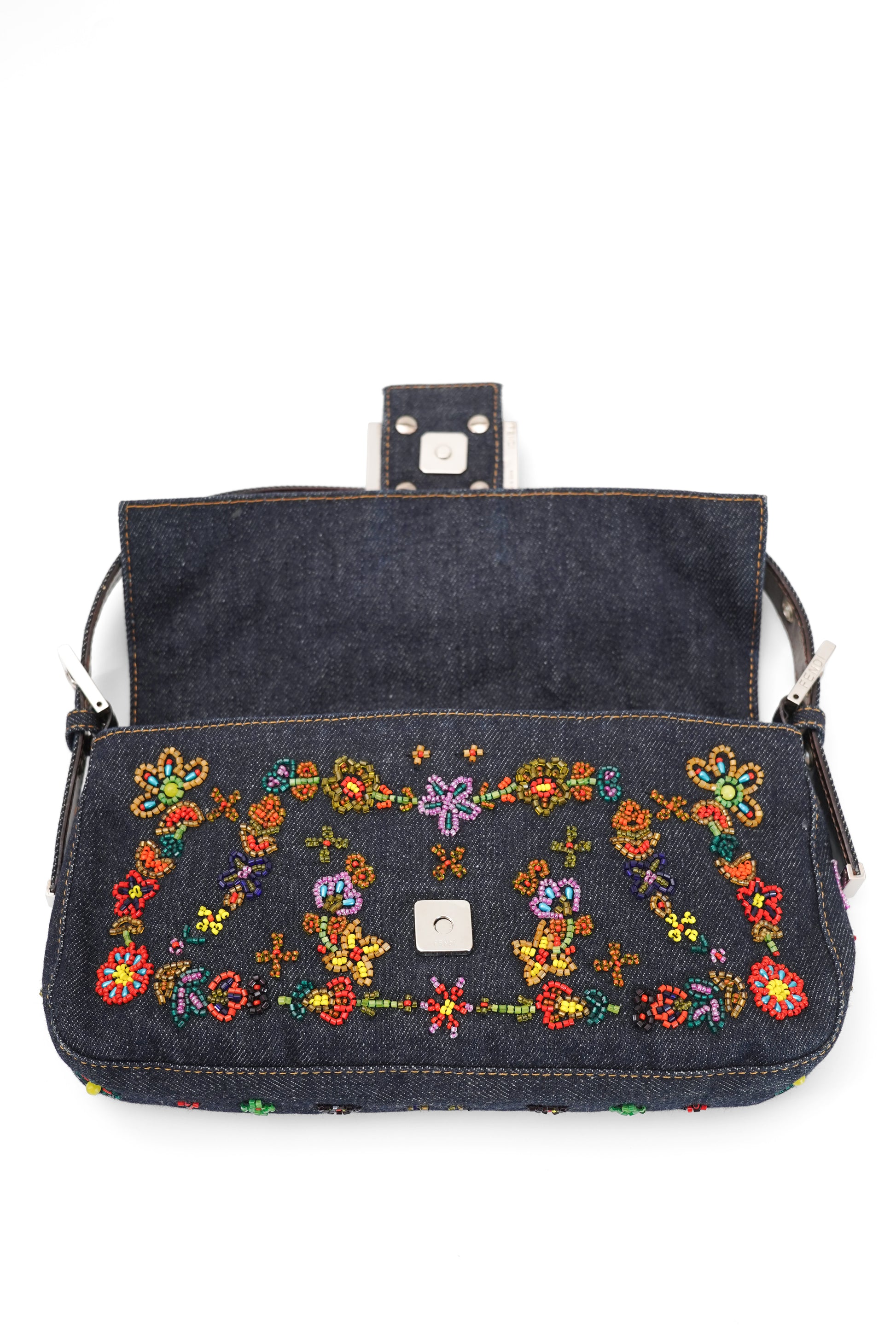 Fendi Floral Beaded Denim Baguette