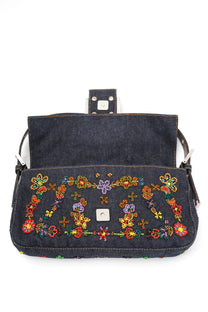 Fendi Floral Beaded Denim Baguette