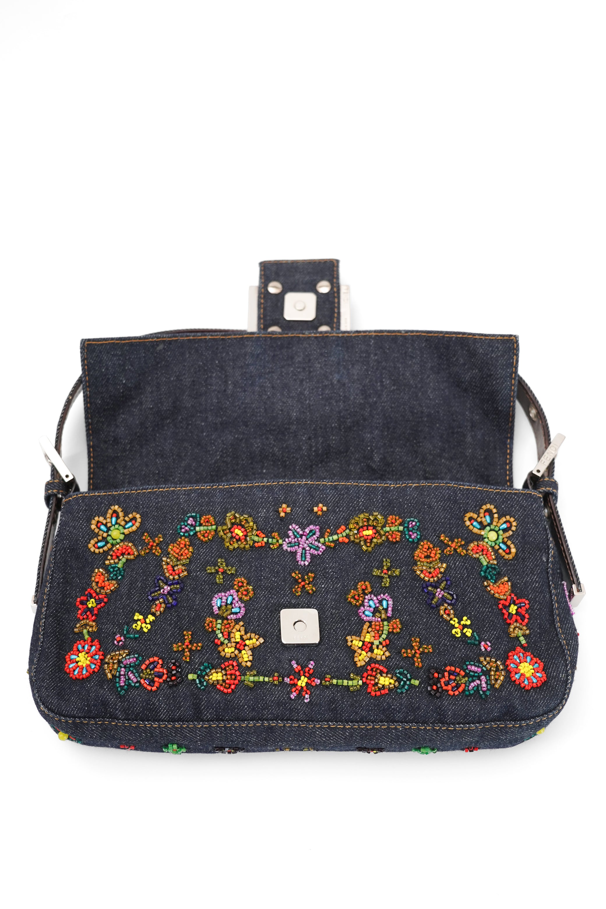 Fendi Floral Beaded Denim Baguette