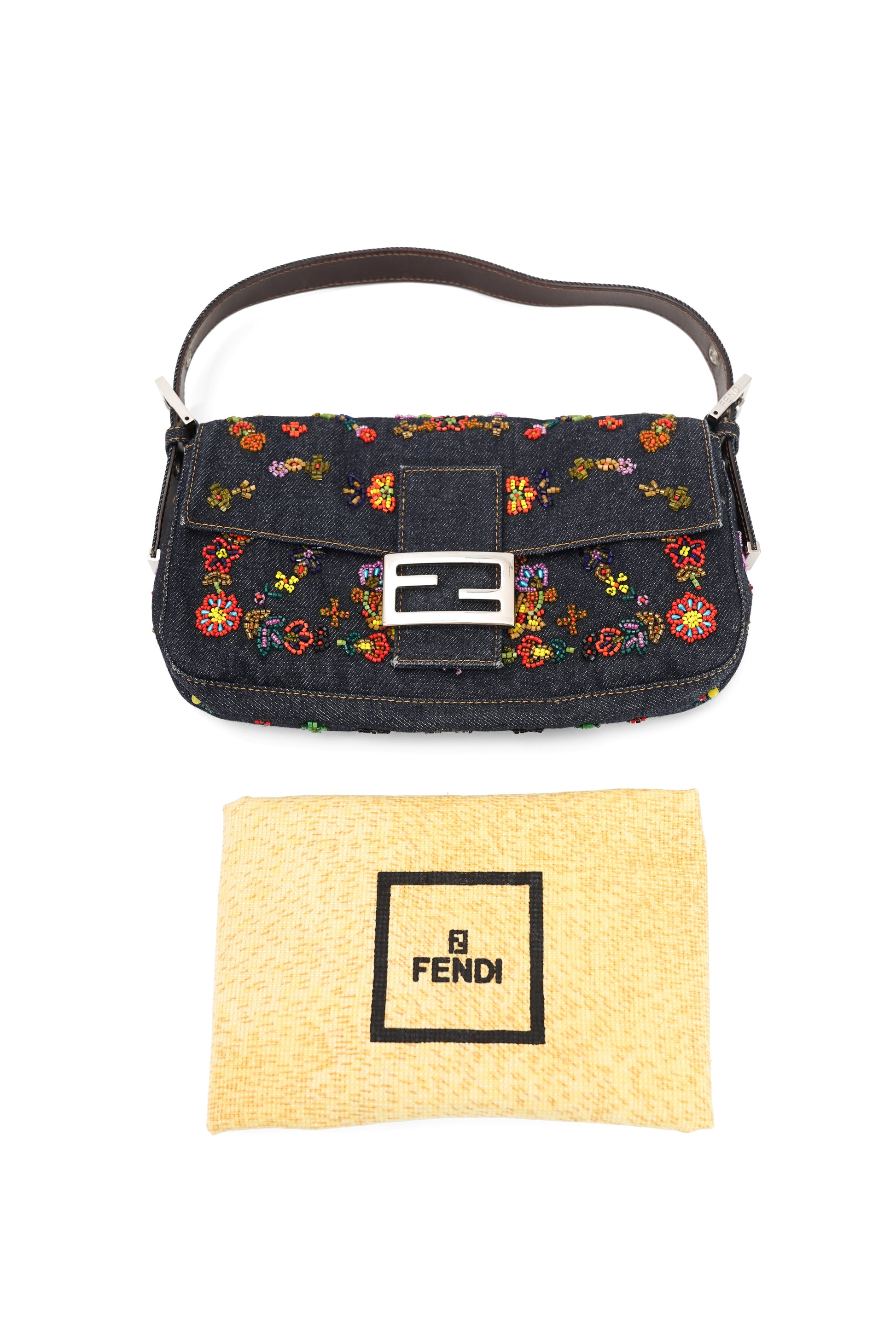 Fendi Floral Beaded Denim Baguette