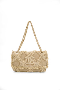 Chanel 2009 Crochet Flap Beige Canvas Shoulder Bag