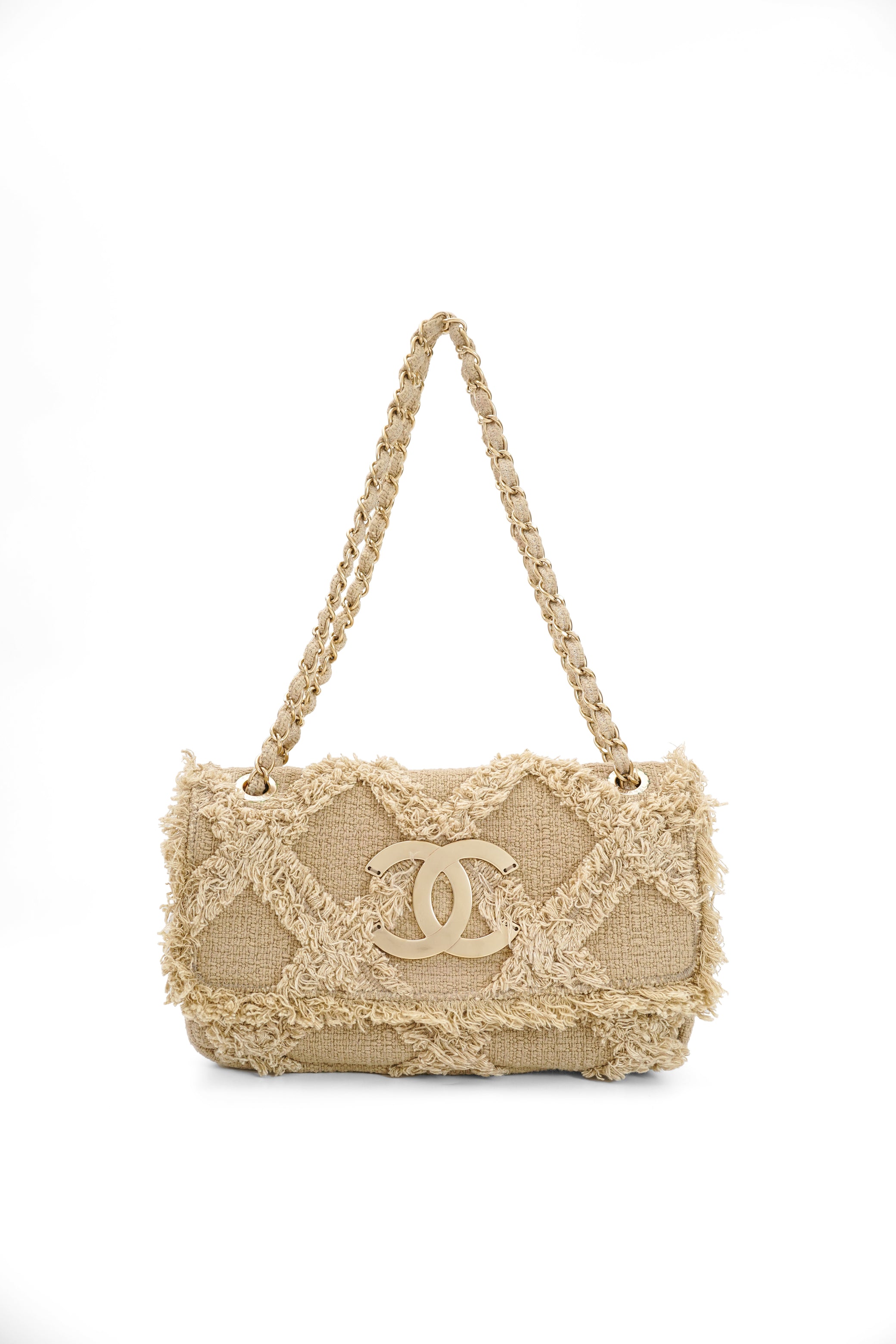 Chanel 2009 Crochet Flap Beige Canvas Shoulder Bag