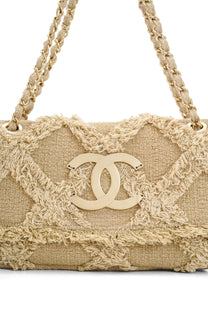 Chanel 2009 Crochet Flap Beige Canvas Shoulder Bag