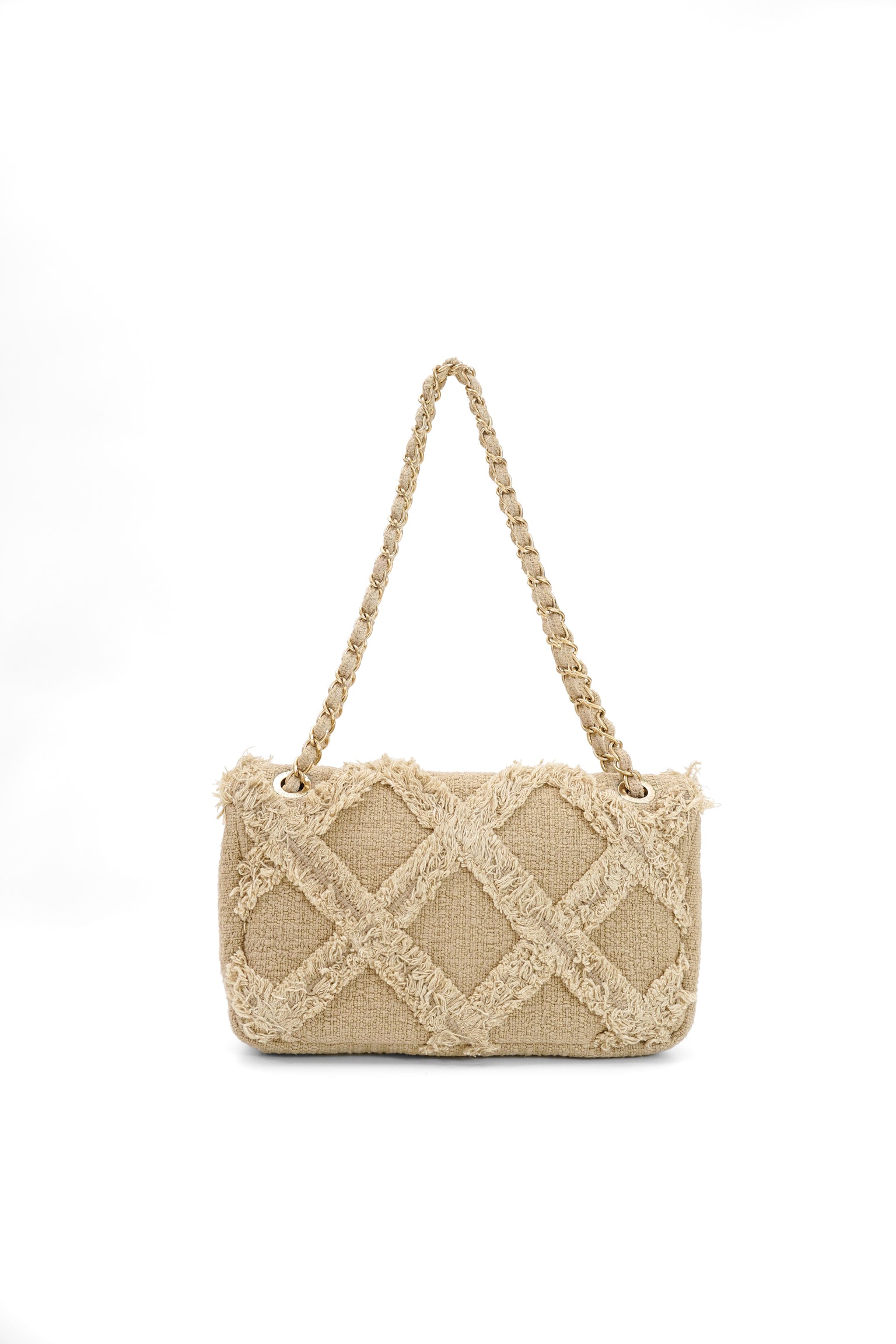 Chanel 2009 Crochet Flap Beige Canvas Shoulder Bag
