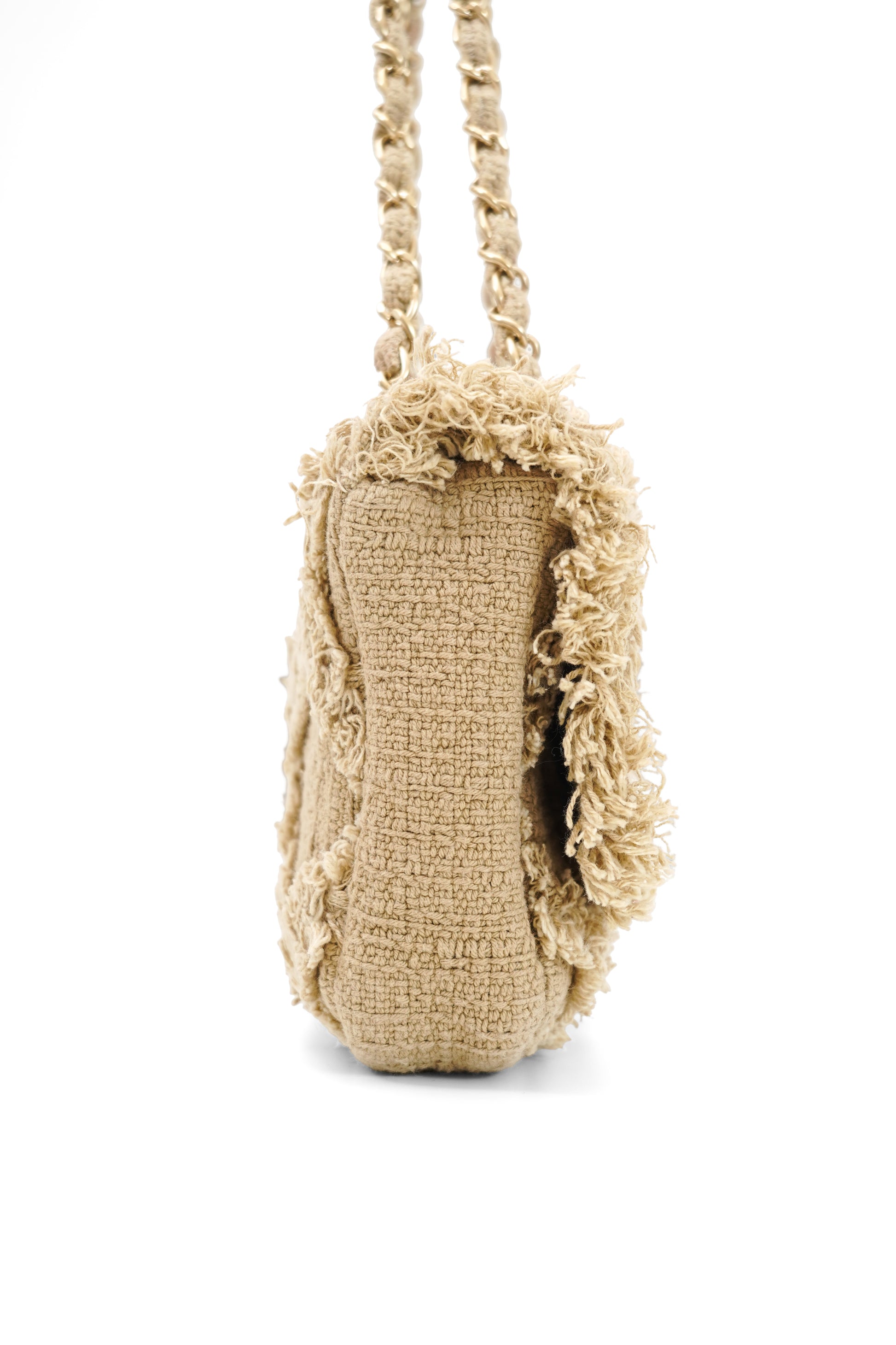 Chanel 2009 Crochet Flap Beige Canvas Shoulder Bag