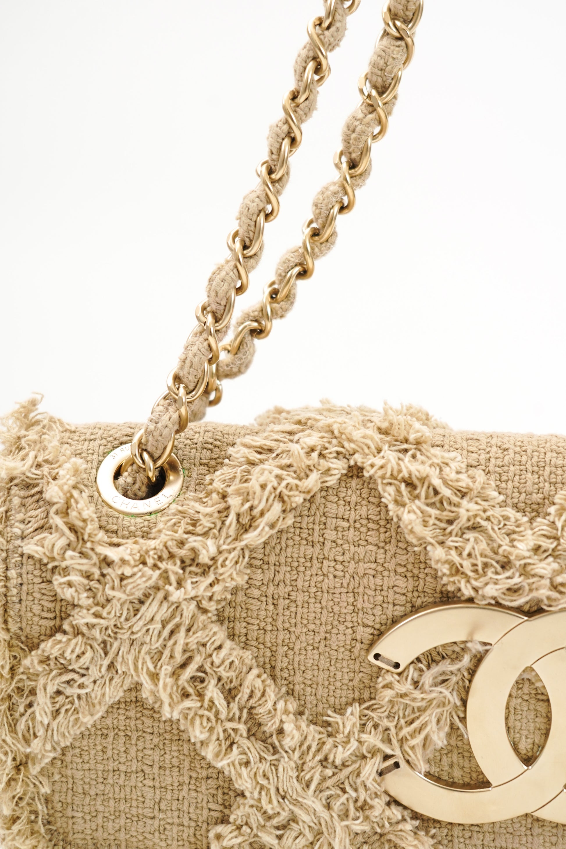 Chanel 2009 Crochet Flap Beige Canvas Shoulder Bag