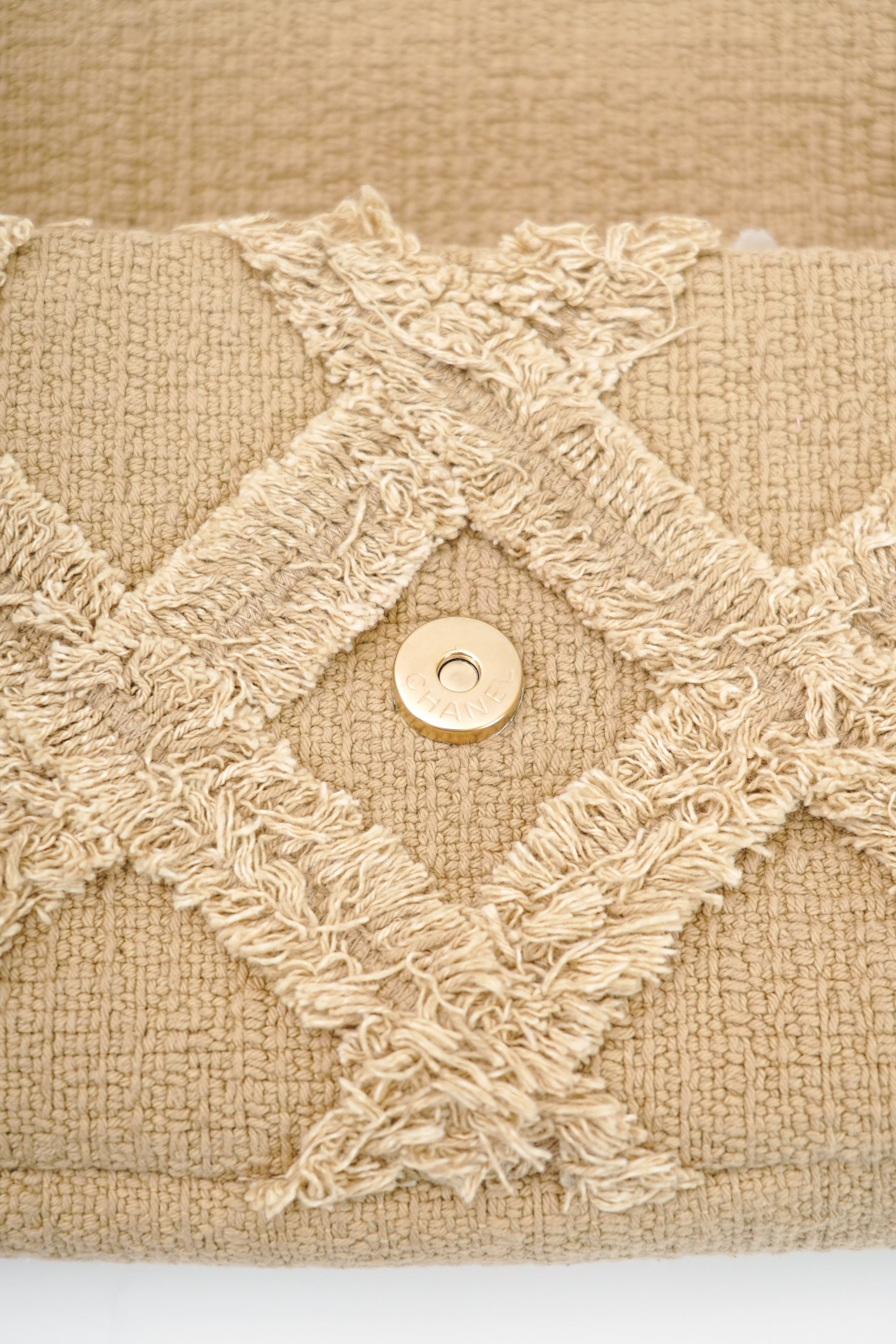 Chanel 2009 Crochet Flap Beige Canvas Shoulder Bag