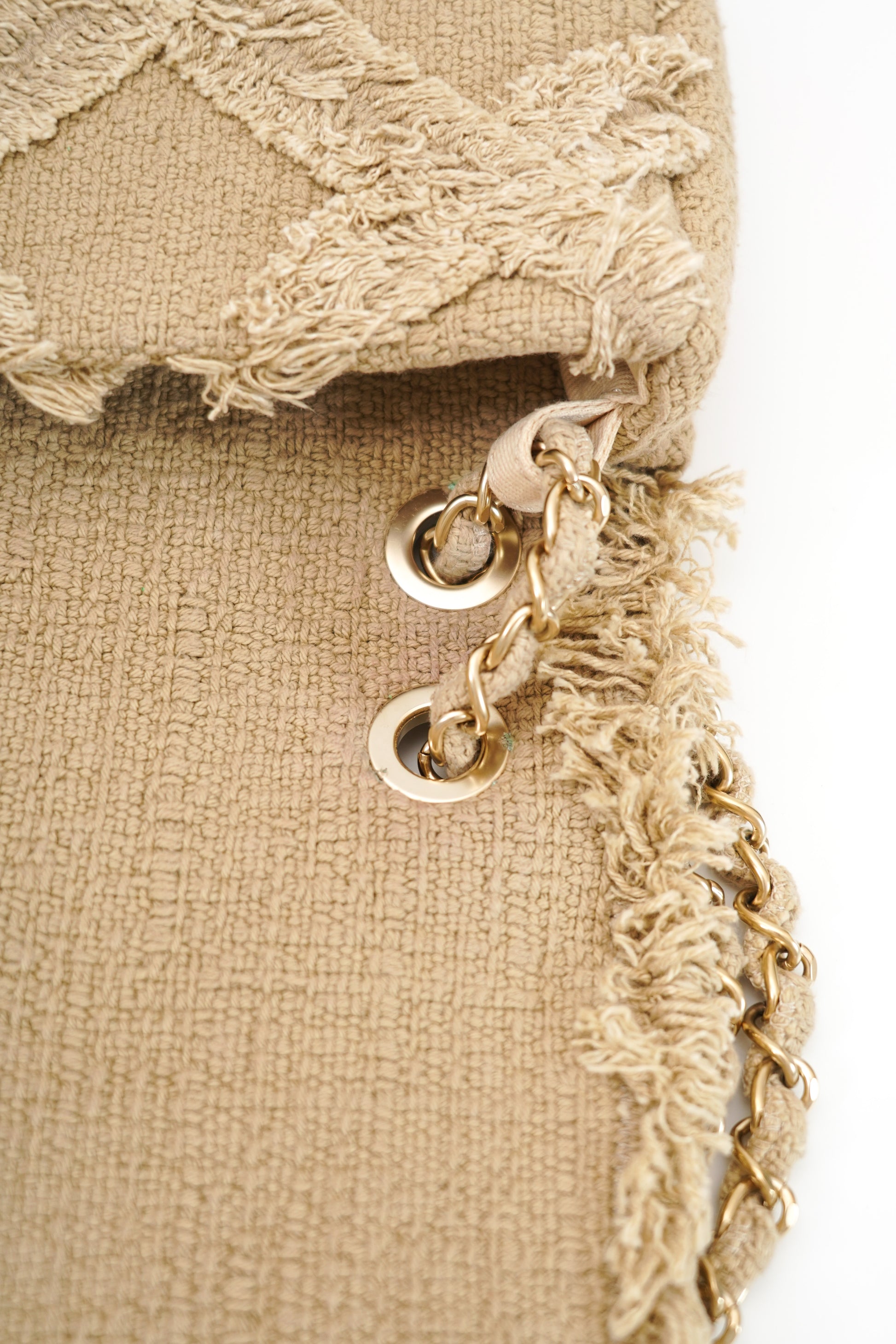 Chanel 2009 Crochet Flap Beige Canvas Shoulder Bag