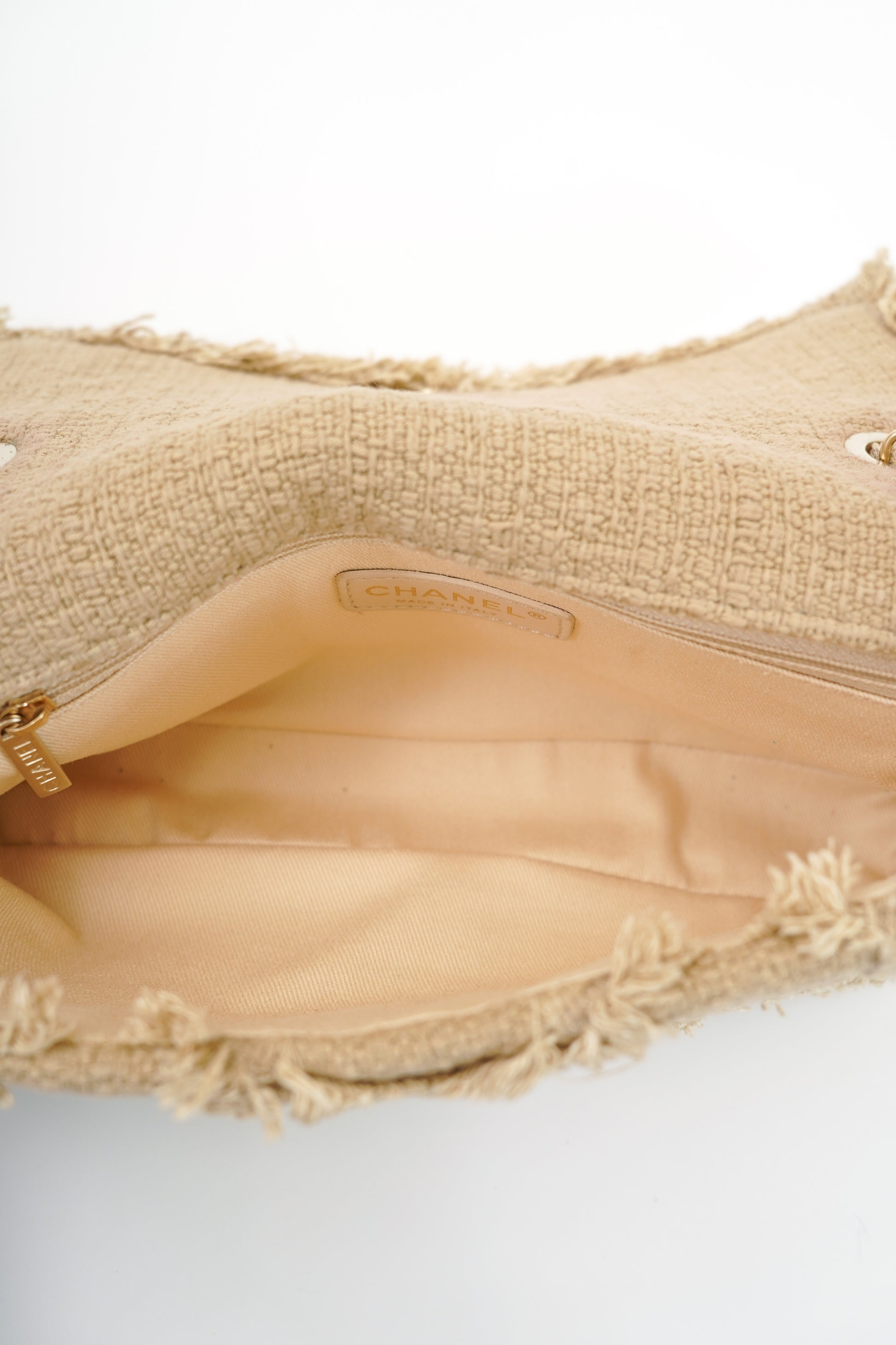 Chanel 2009 Crochet Flap Beige Canvas Shoulder Bag