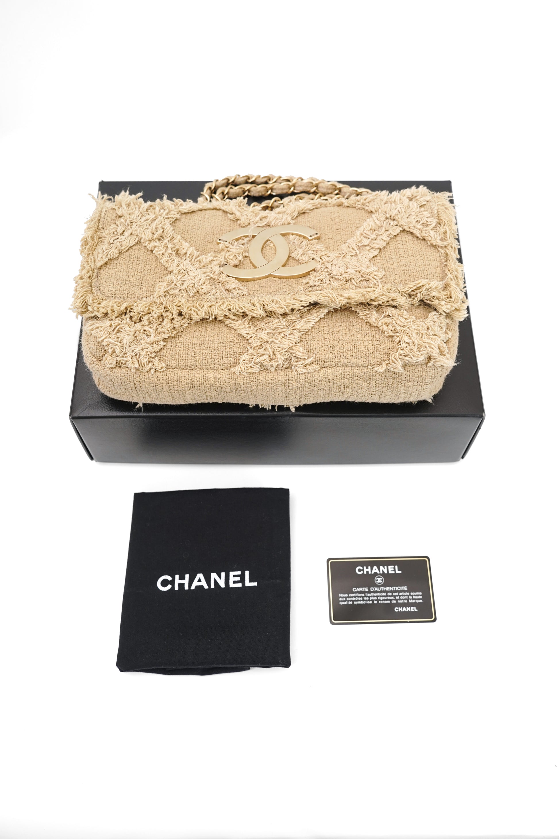 Chanel 2009 Crochet Flap Beige Canvas Shoulder Bag