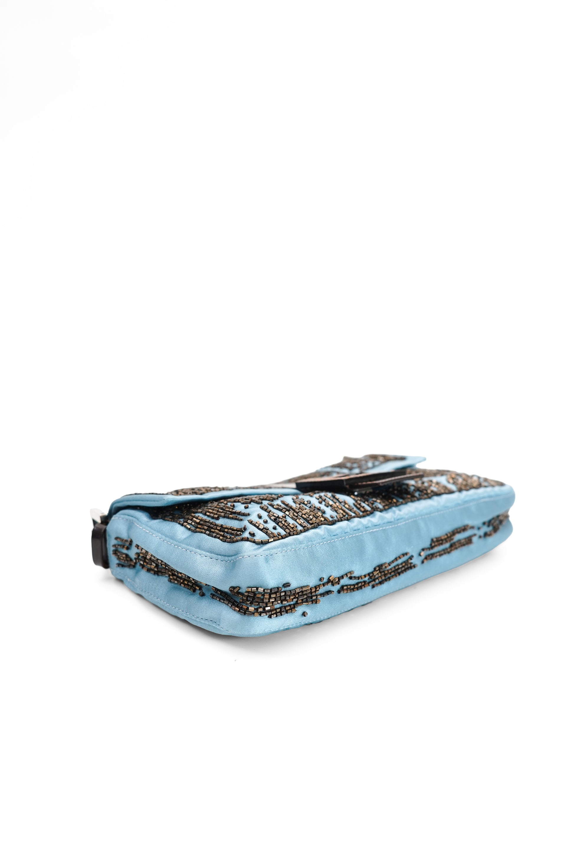 Fendi Blue Satin Beaded Baguette Bag