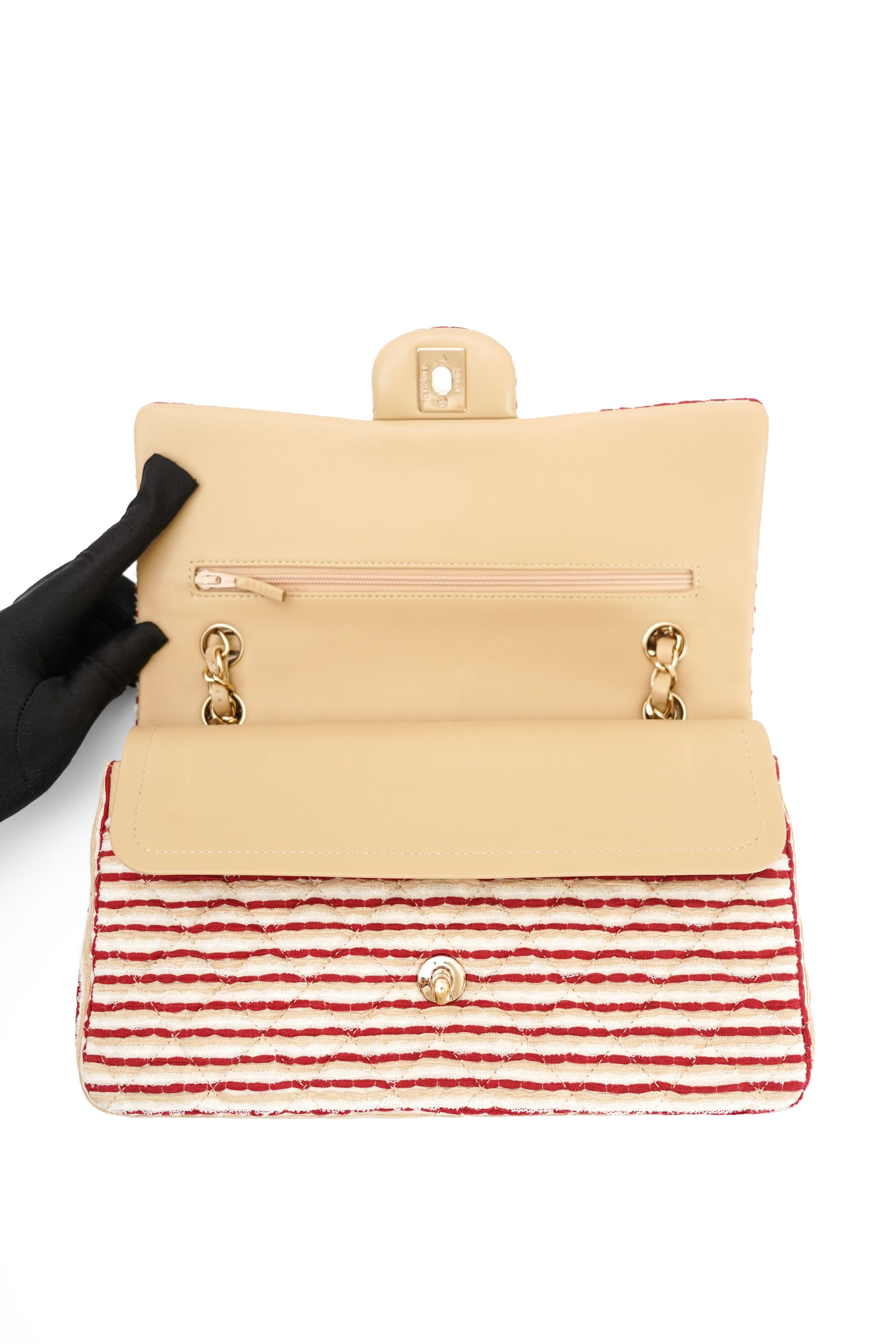 2014 Chanel Red/White Canvas Striped Coco Sailor Pearl Medium Classic Double Flap Bag