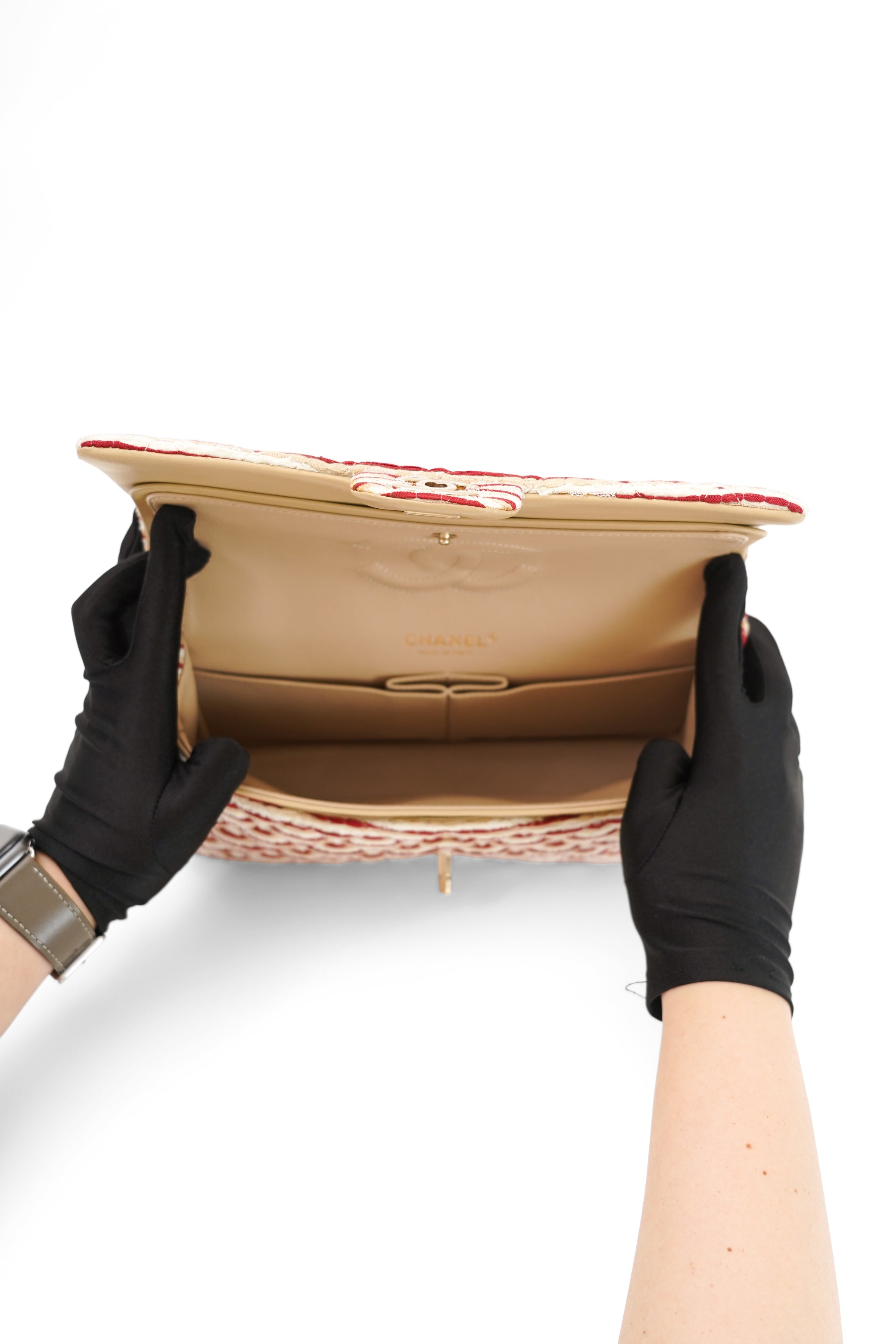 2014 Chanel Red/White Canvas Striped Coco Sailor Pearl Medium Classic Double Flap Bag