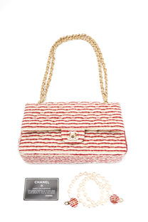 2014 Chanel Red/White Canvas Striped Coco Sailor Pearl Medium Classic Double Flap Bag