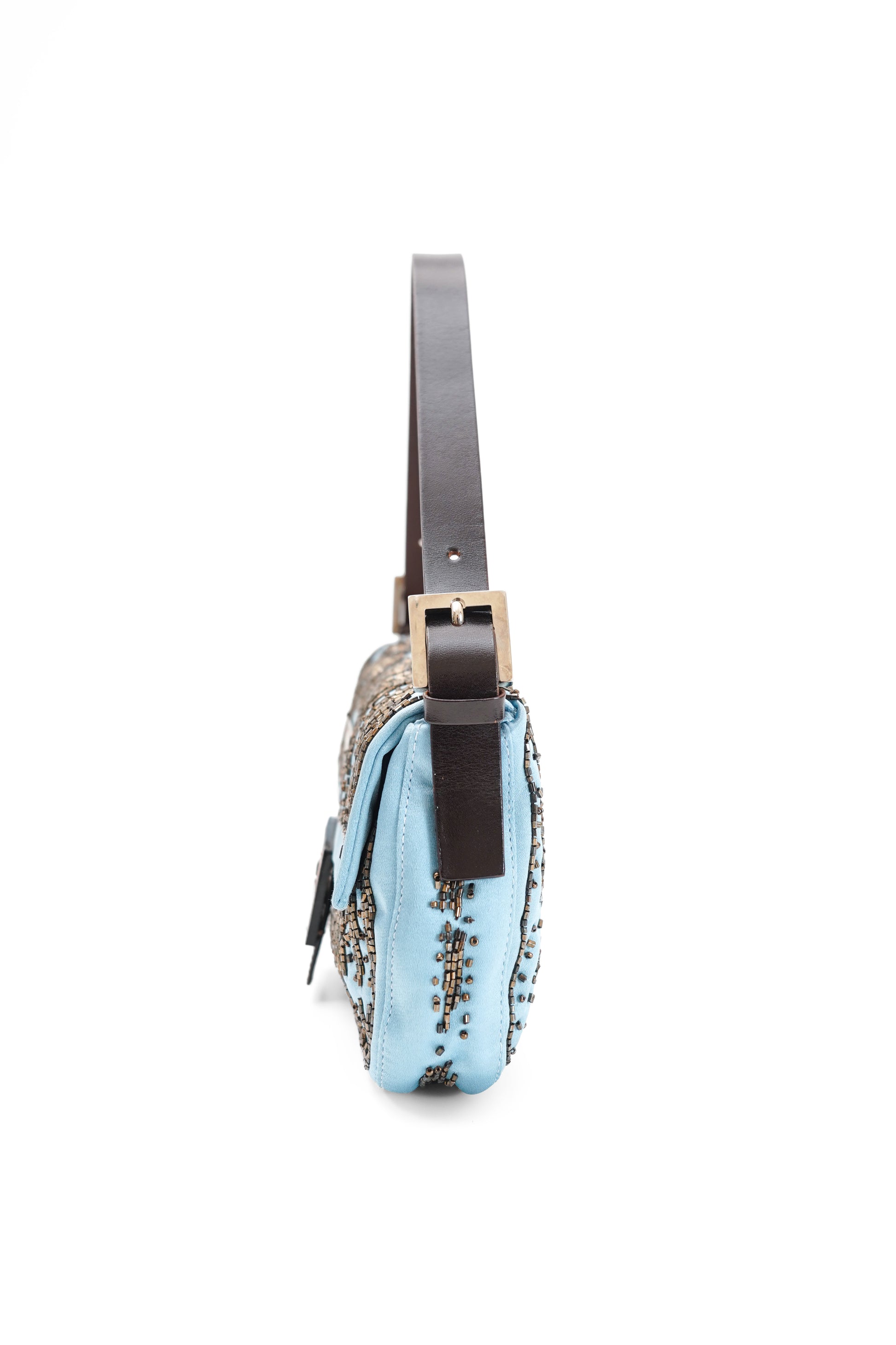 Fendi Blue Satin Beaded Baguette Bag