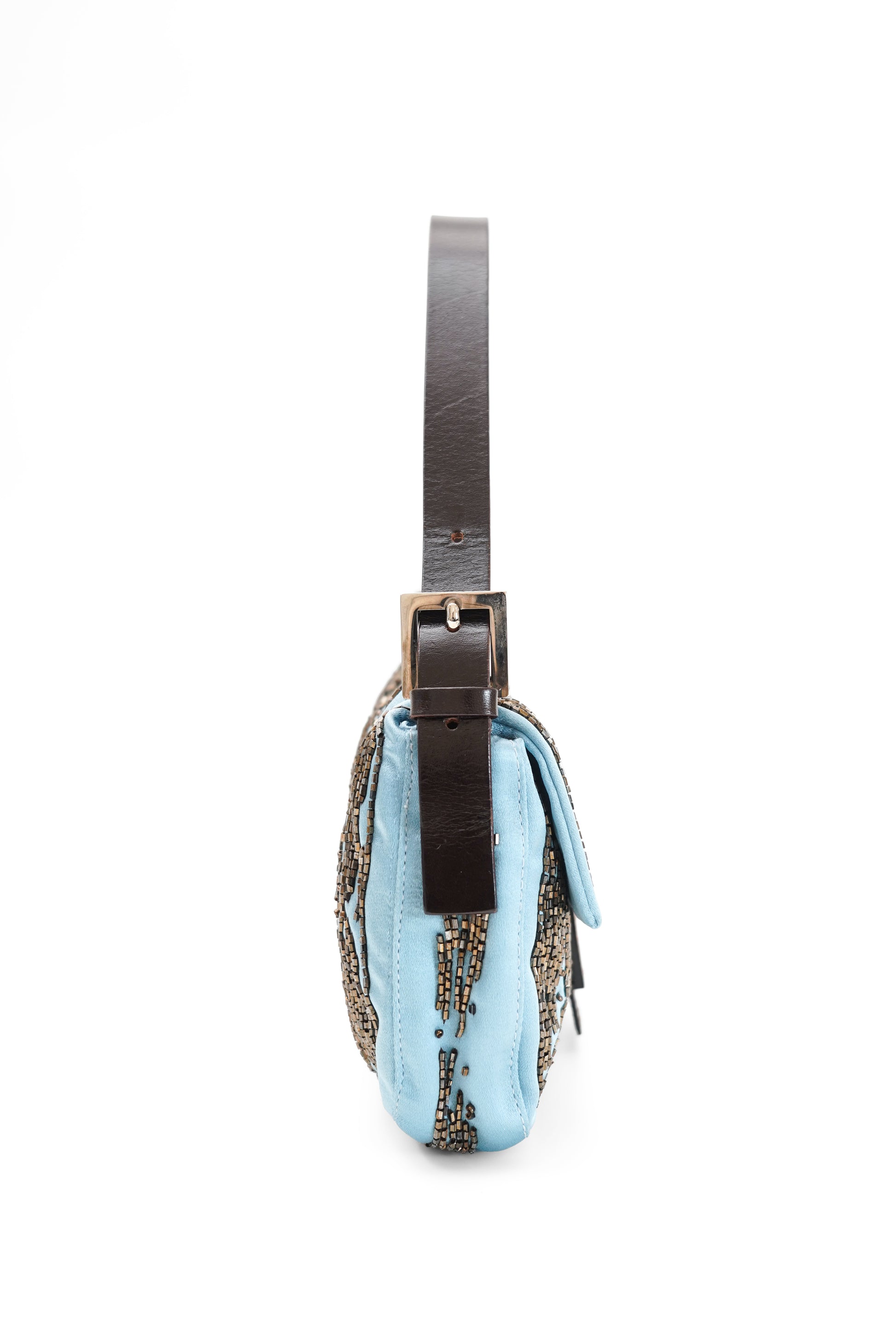 Fendi Blue Satin Beaded Baguette Bag