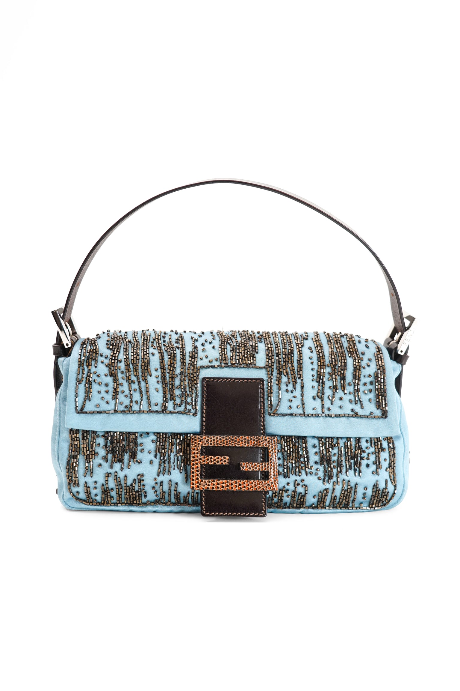 Fendi Blue Satin Beaded Baguette Bag