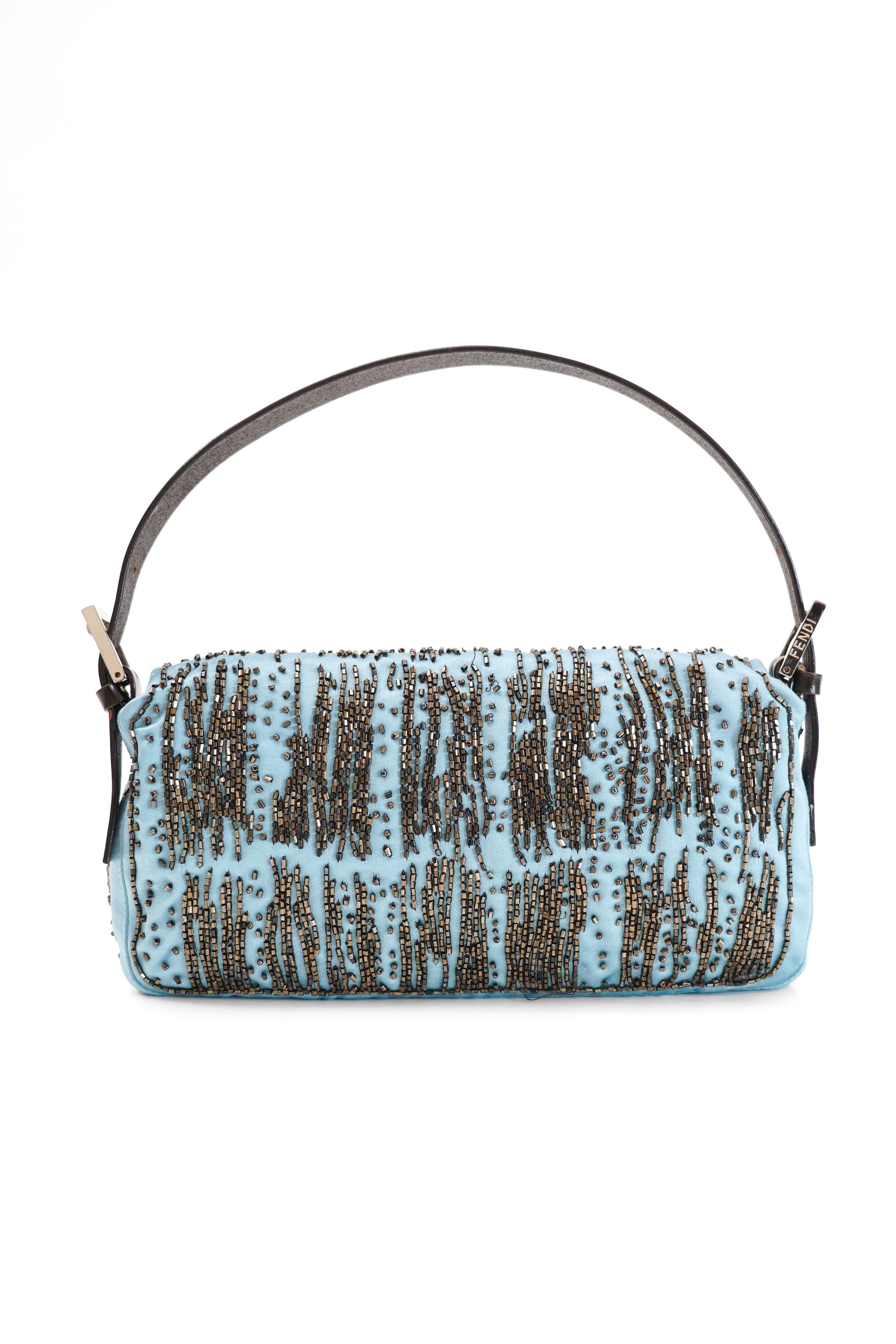 Fendi Blue Satin Beaded Baguette Bag
