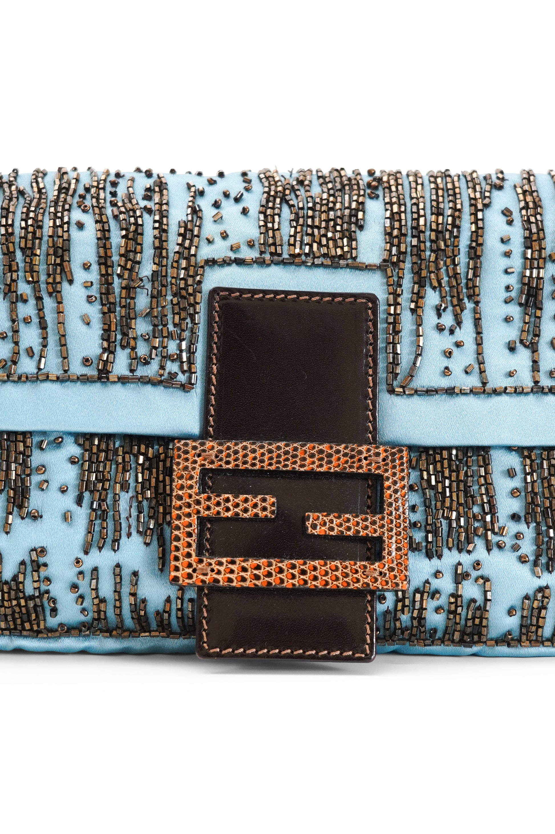 Fendi Blue Satin Beaded Baguette Bag