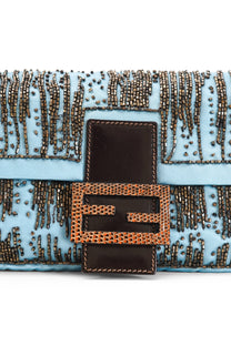 Fendi Blue Satin Beaded Baguette Bag