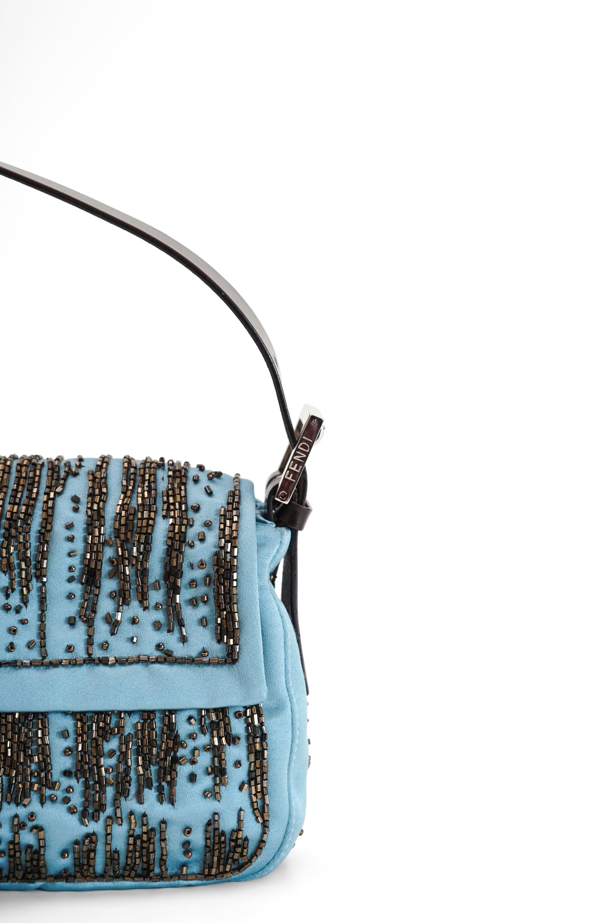 Fendi Blue Satin Beaded Baguette Bag