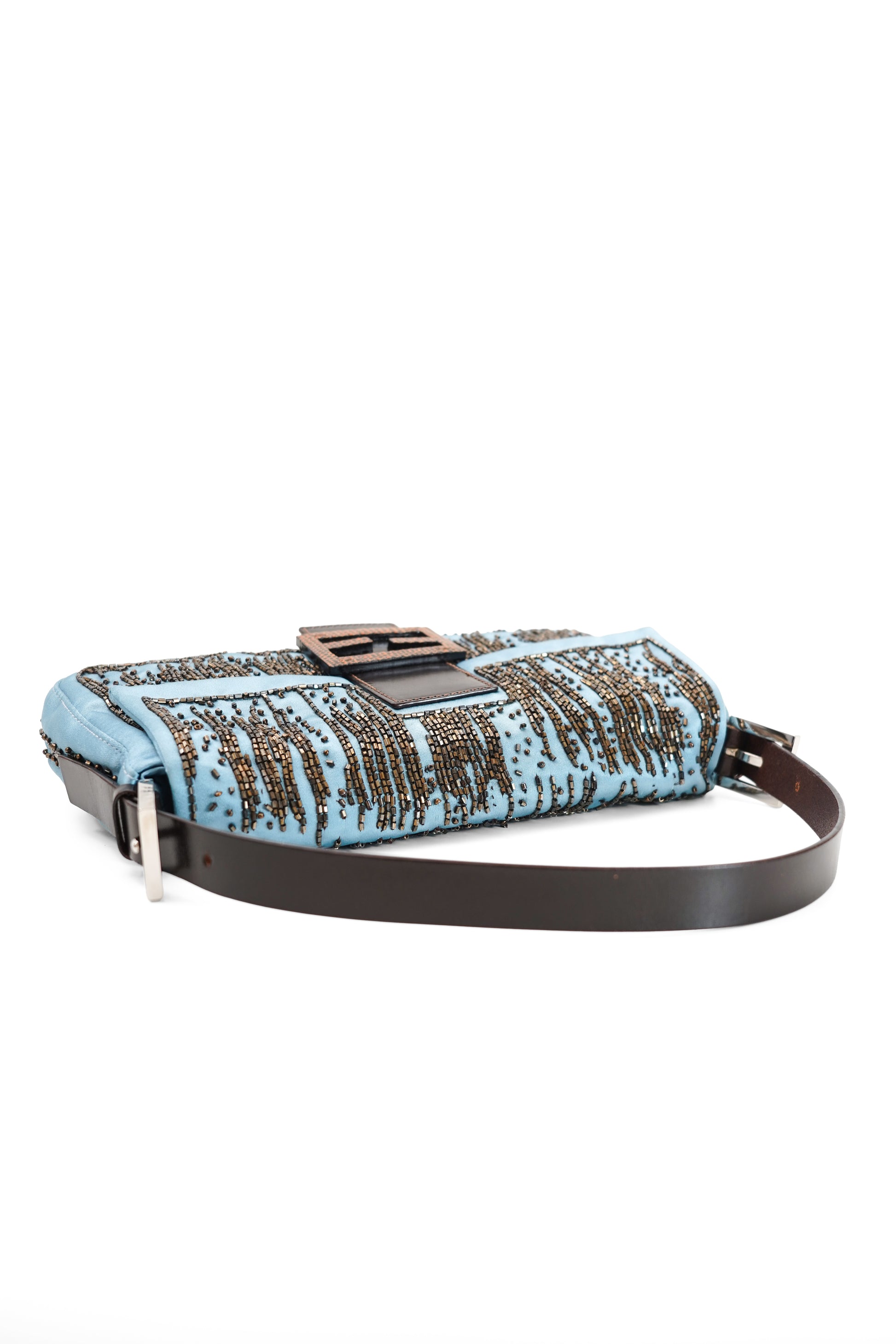 Fendi Blue Satin Beaded Baguette Bag