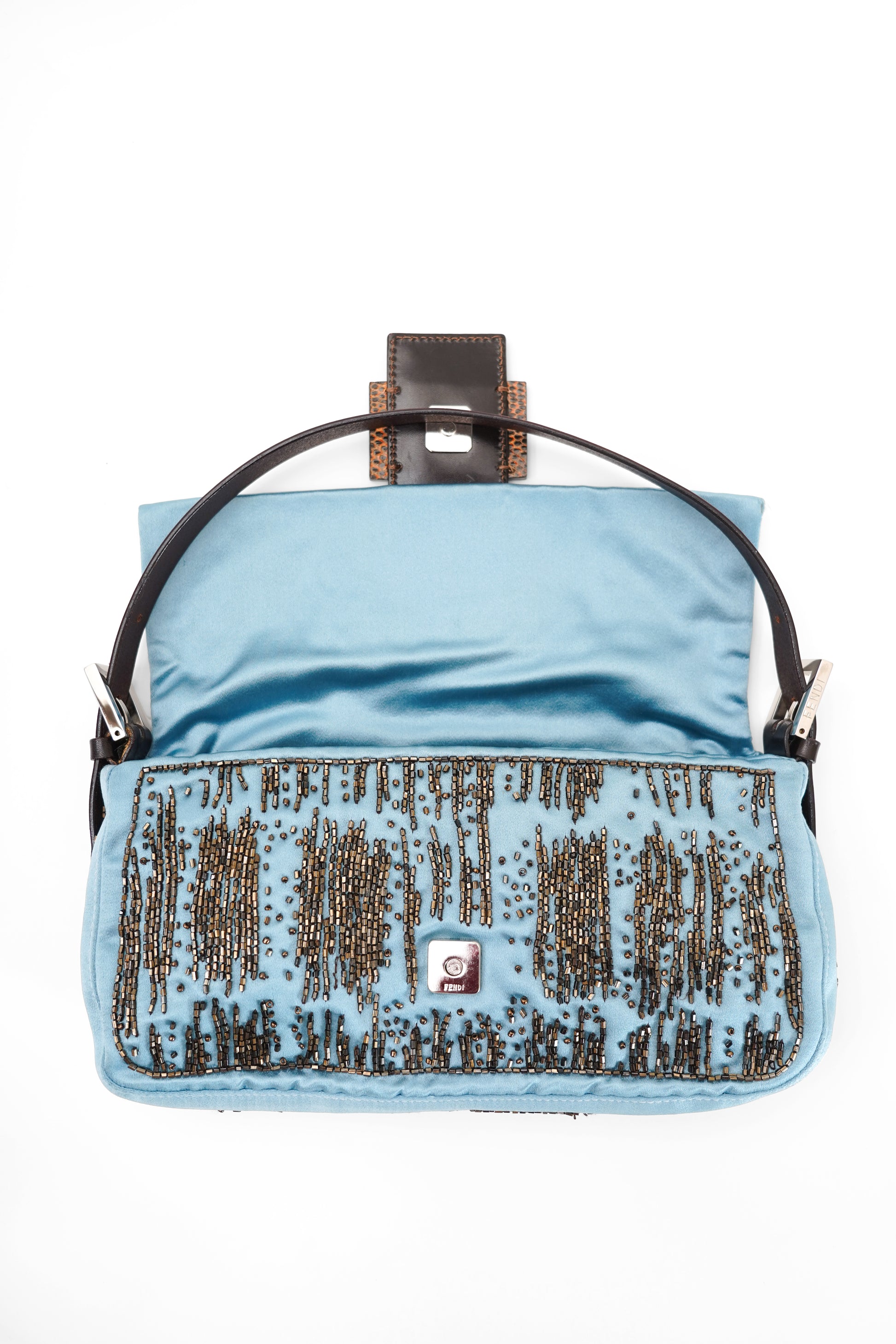 Fendi Blue Satin Beaded Baguette Bag