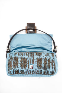 Fendi Blue Satin Beaded Baguette Bag