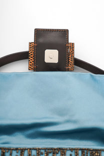 Fendi Blue Satin Beaded Baguette Bag