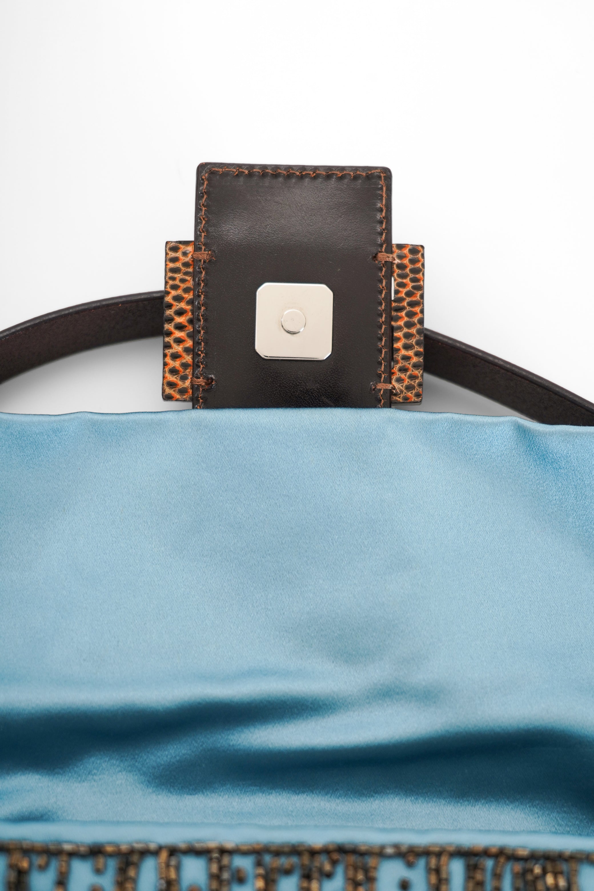 Fendi Blue Satin Beaded Baguette Bag