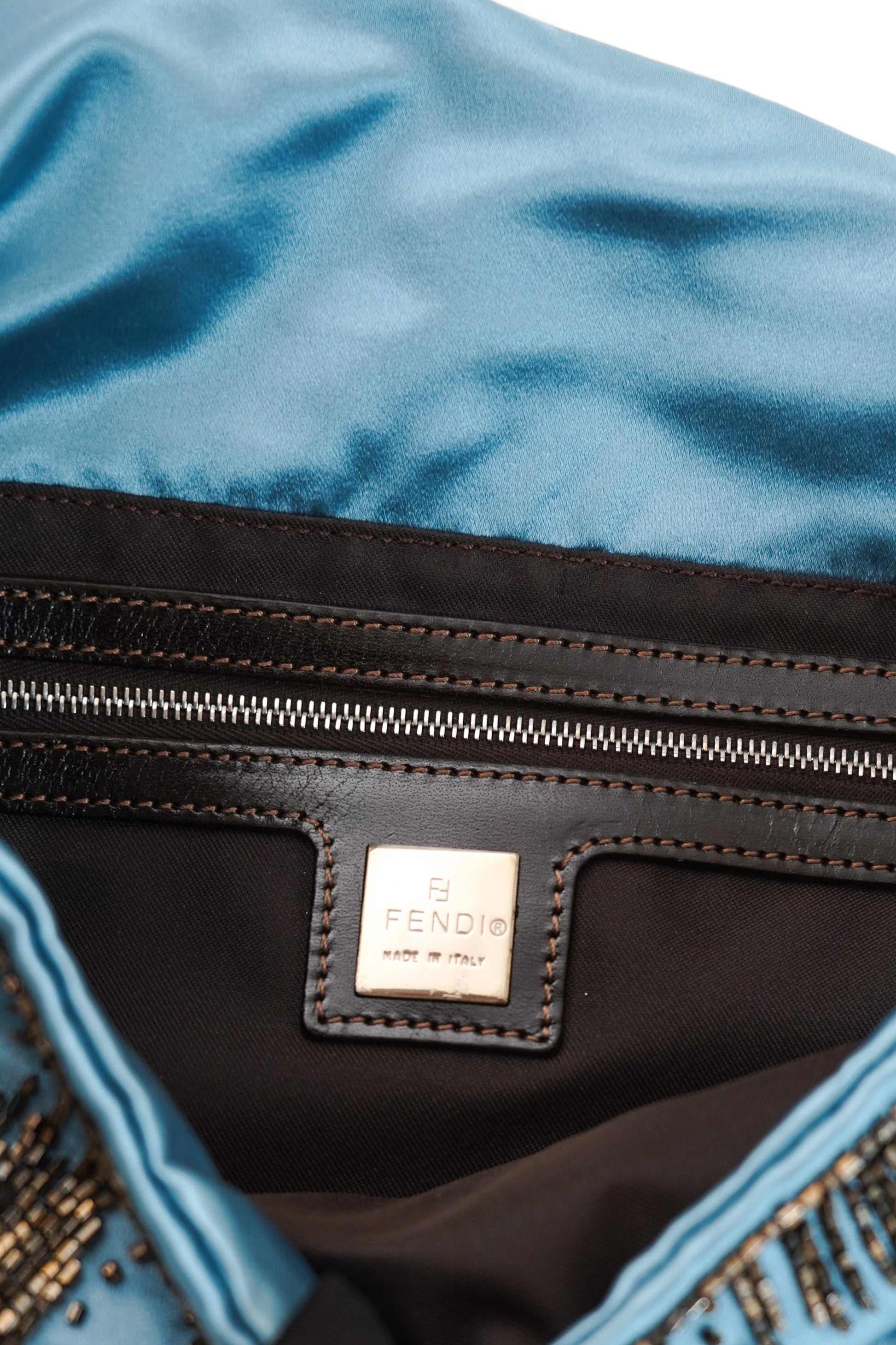 Fendi Blue Satin Beaded Baguette Bag
