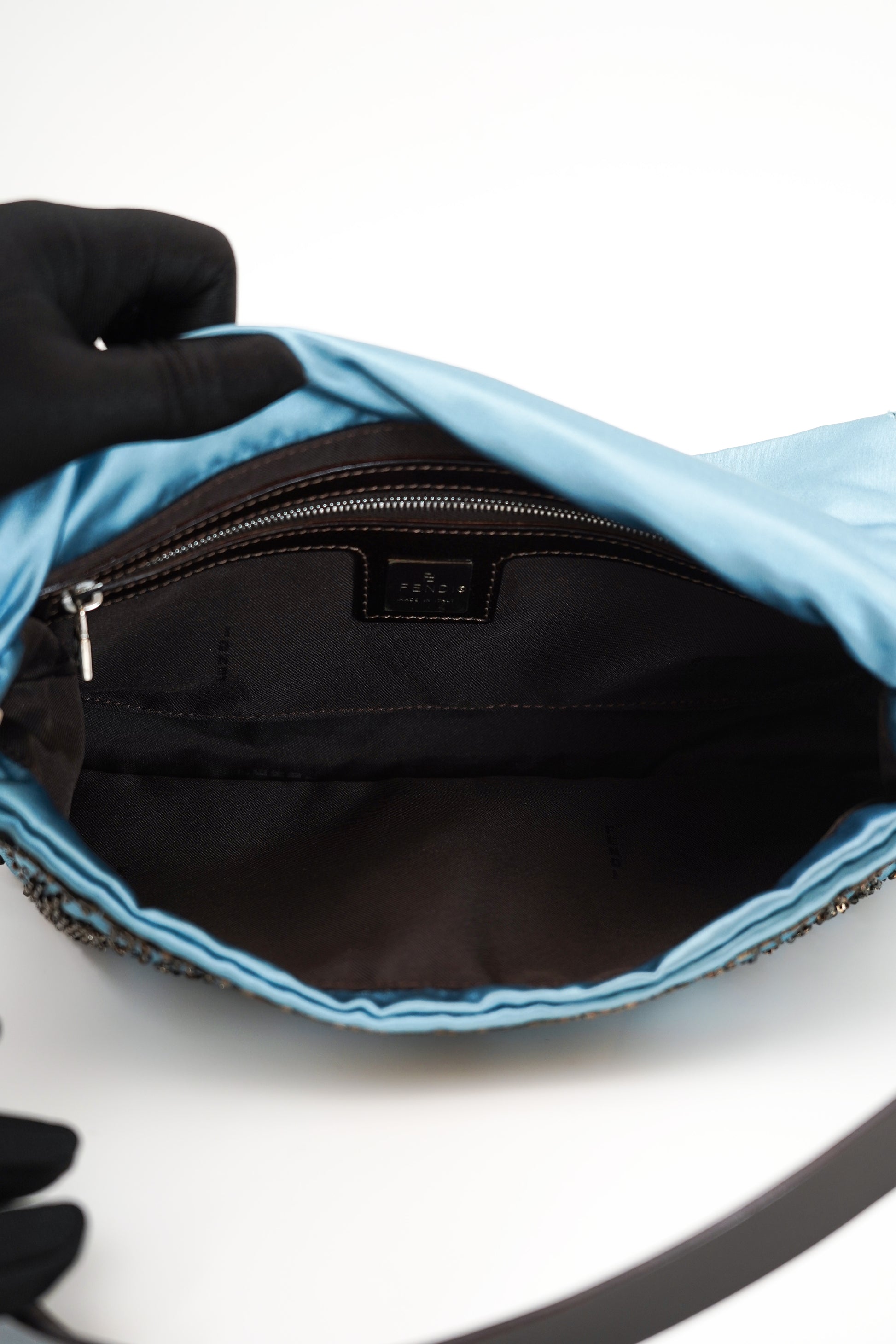 Fendi Blue Satin Beaded Baguette Bag