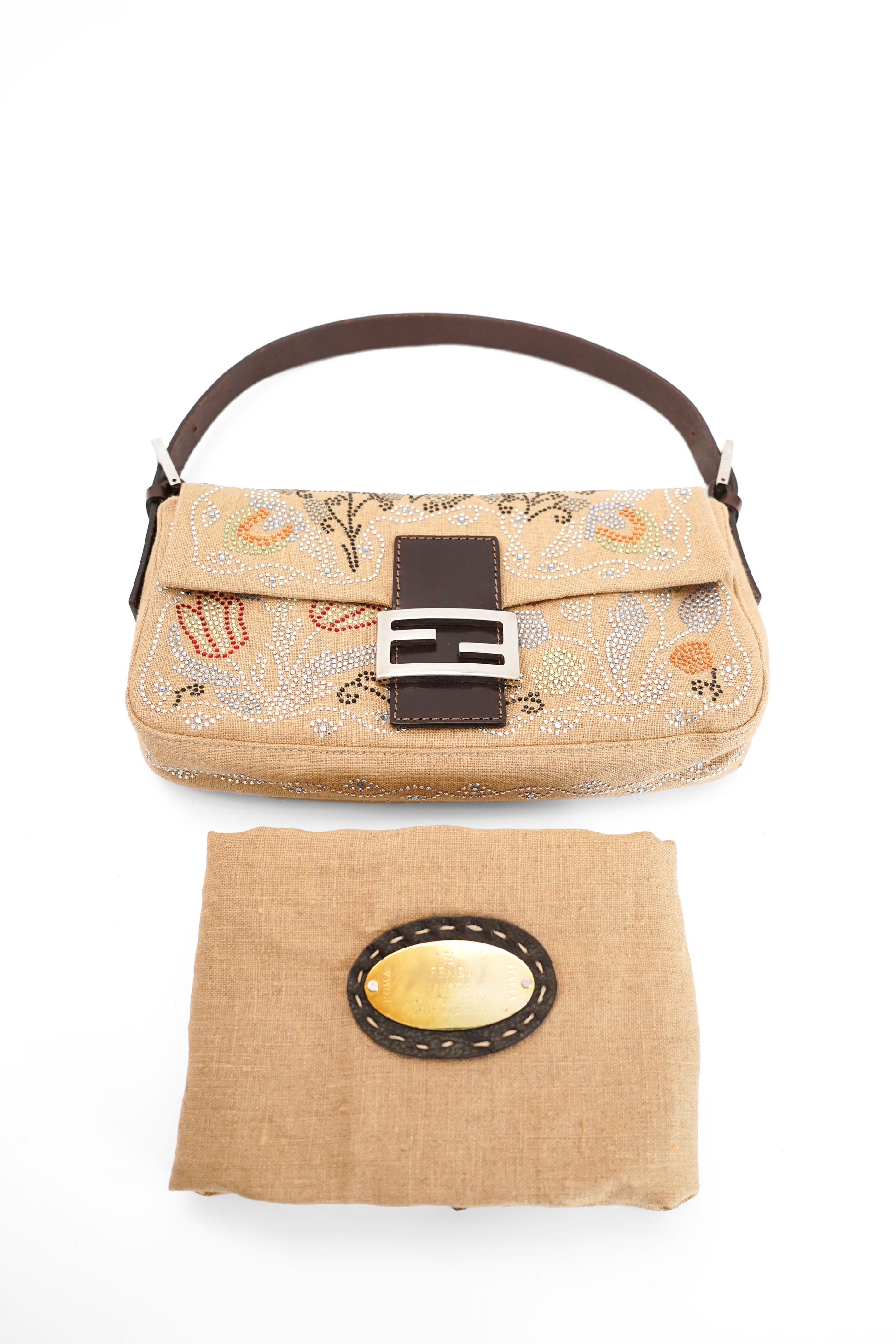 Fendi Linen Crystal Floral Beaded Baguette In Beige