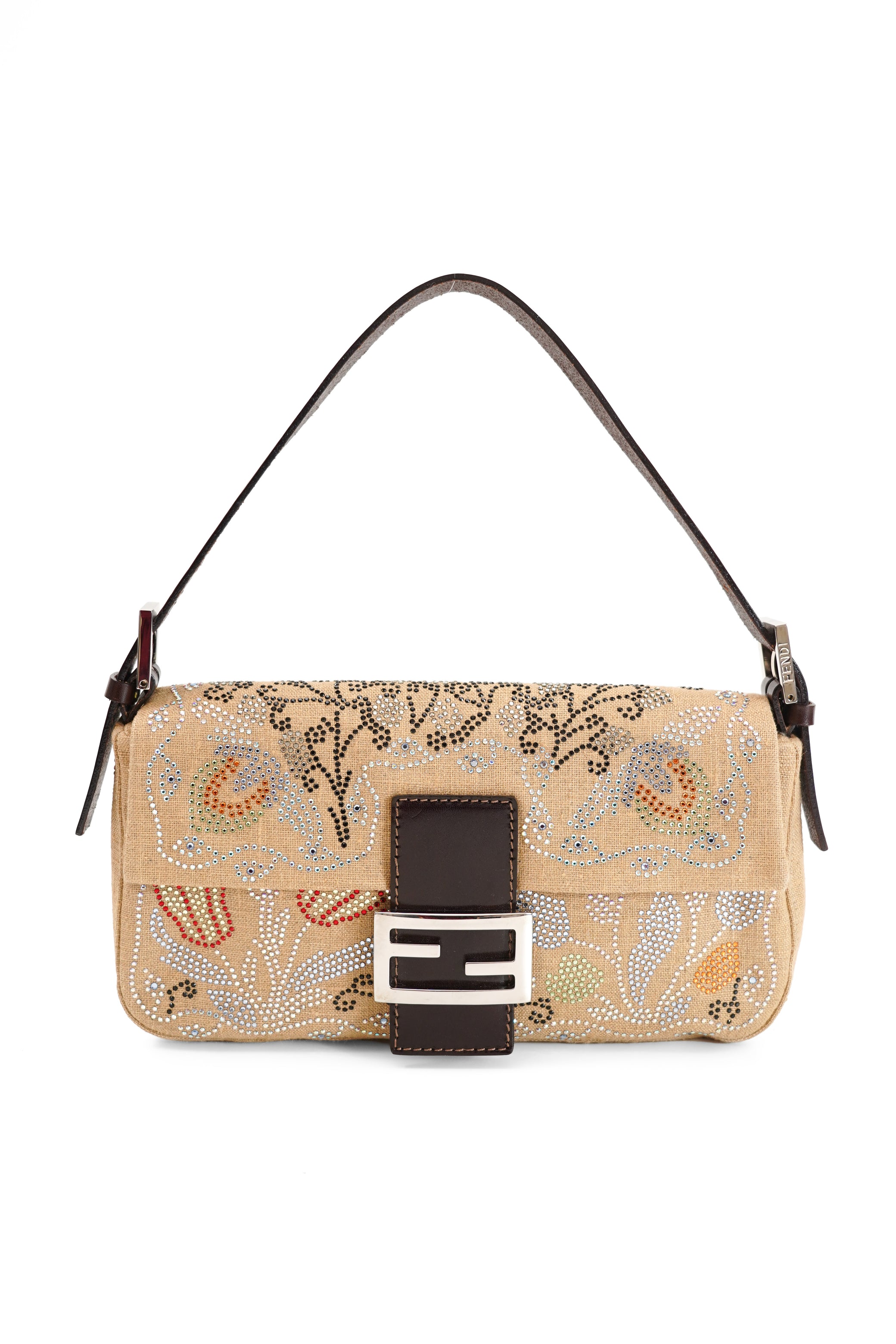 Fendi Linen Crystal Floral Beaded Baguette In Beige