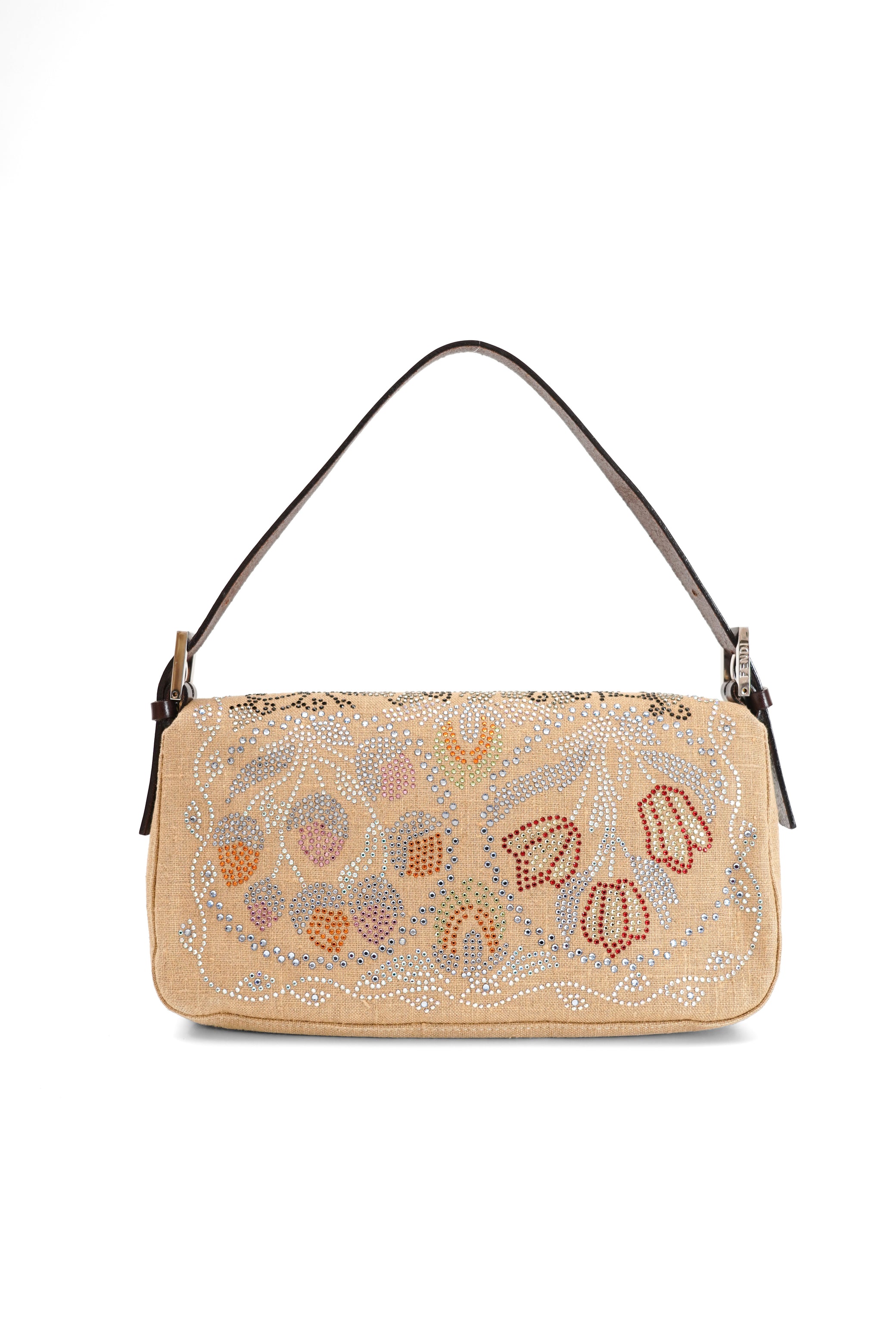 Fendi Linen Crystal Floral Beaded Baguette In Beige