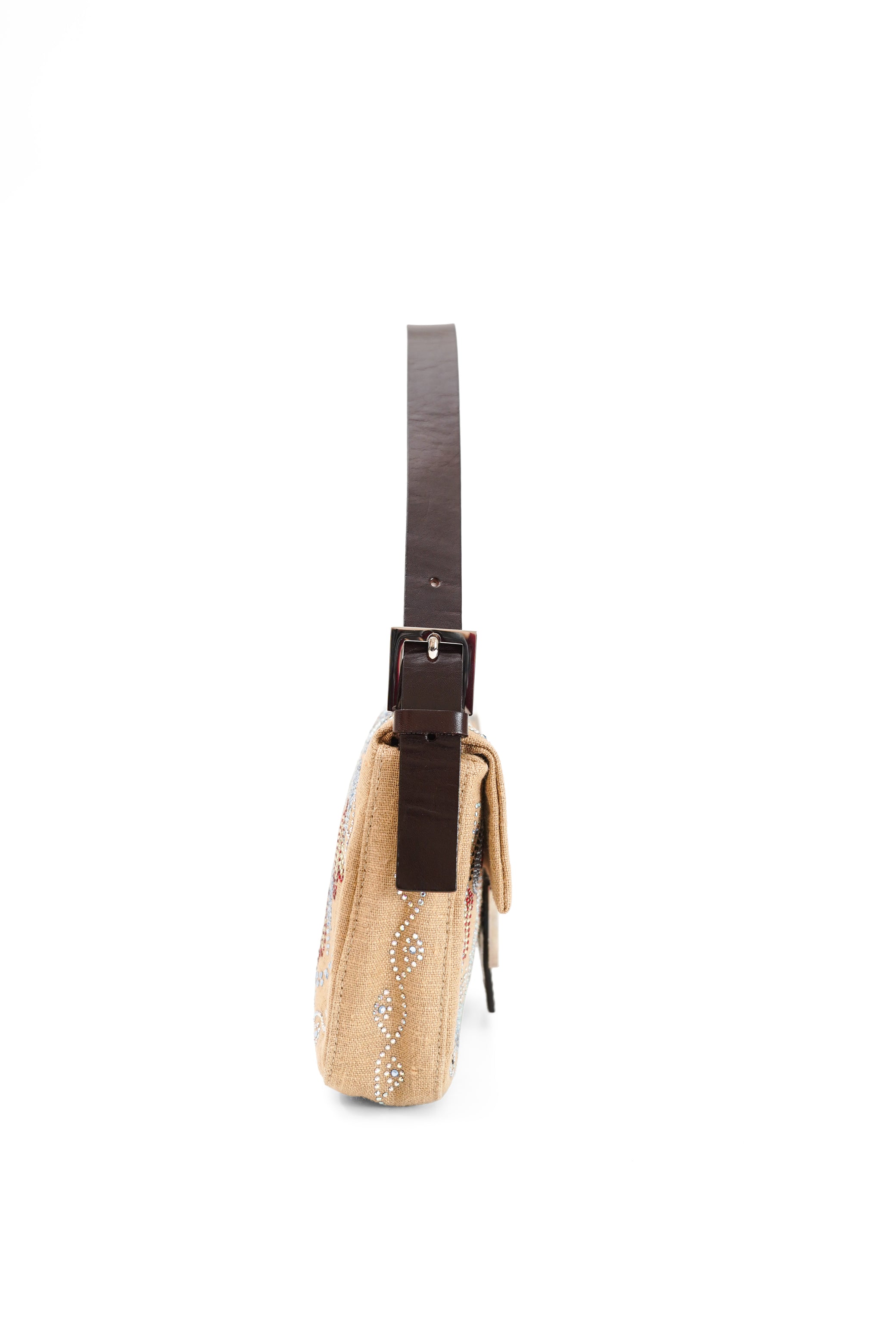 Fendi Linen Crystal Floral Beaded Baguette In Beige